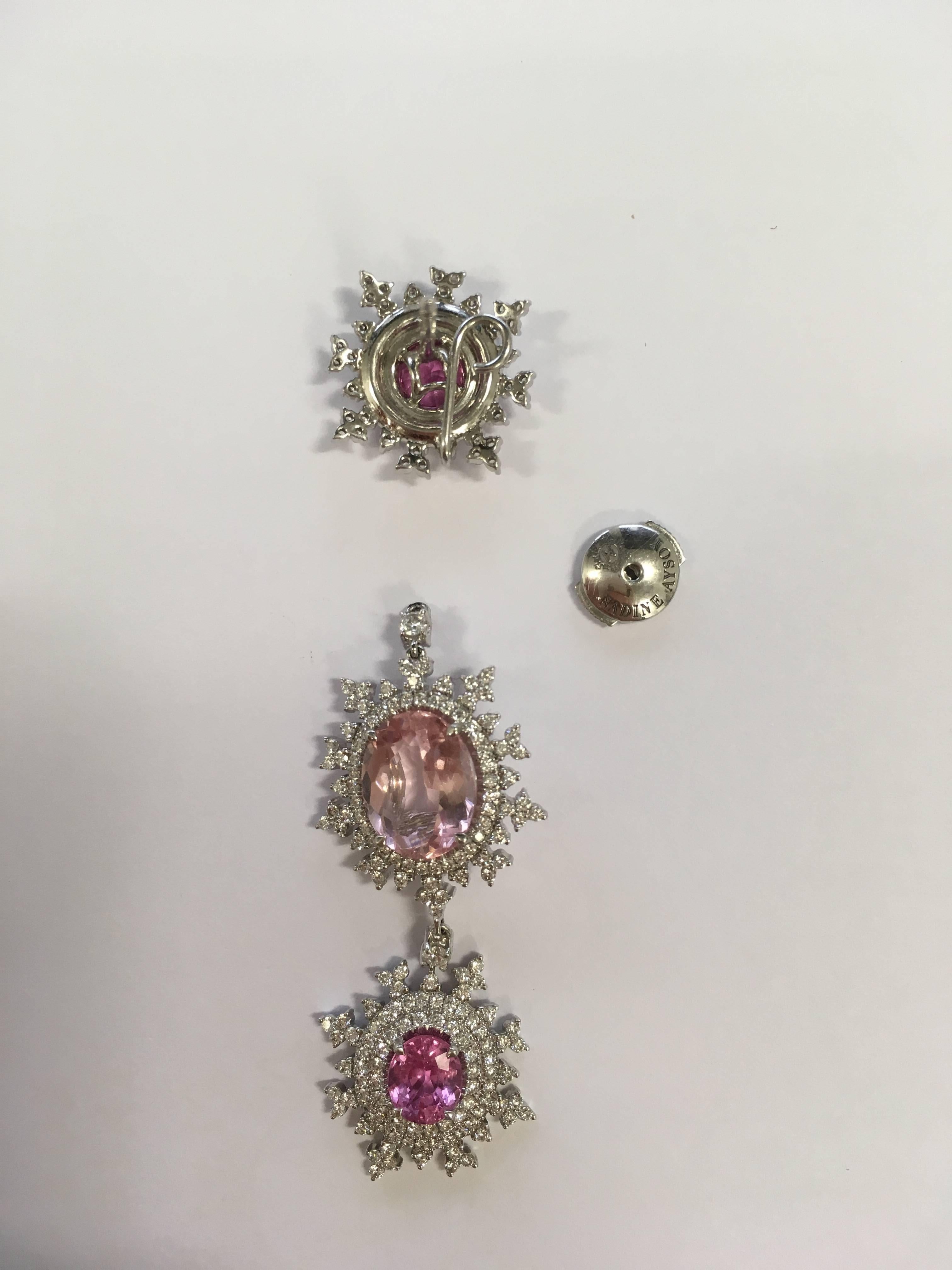 18 Karat White Gold, Pink Sapphire, Morganite and White Diamond Long Earrings For Sale 1