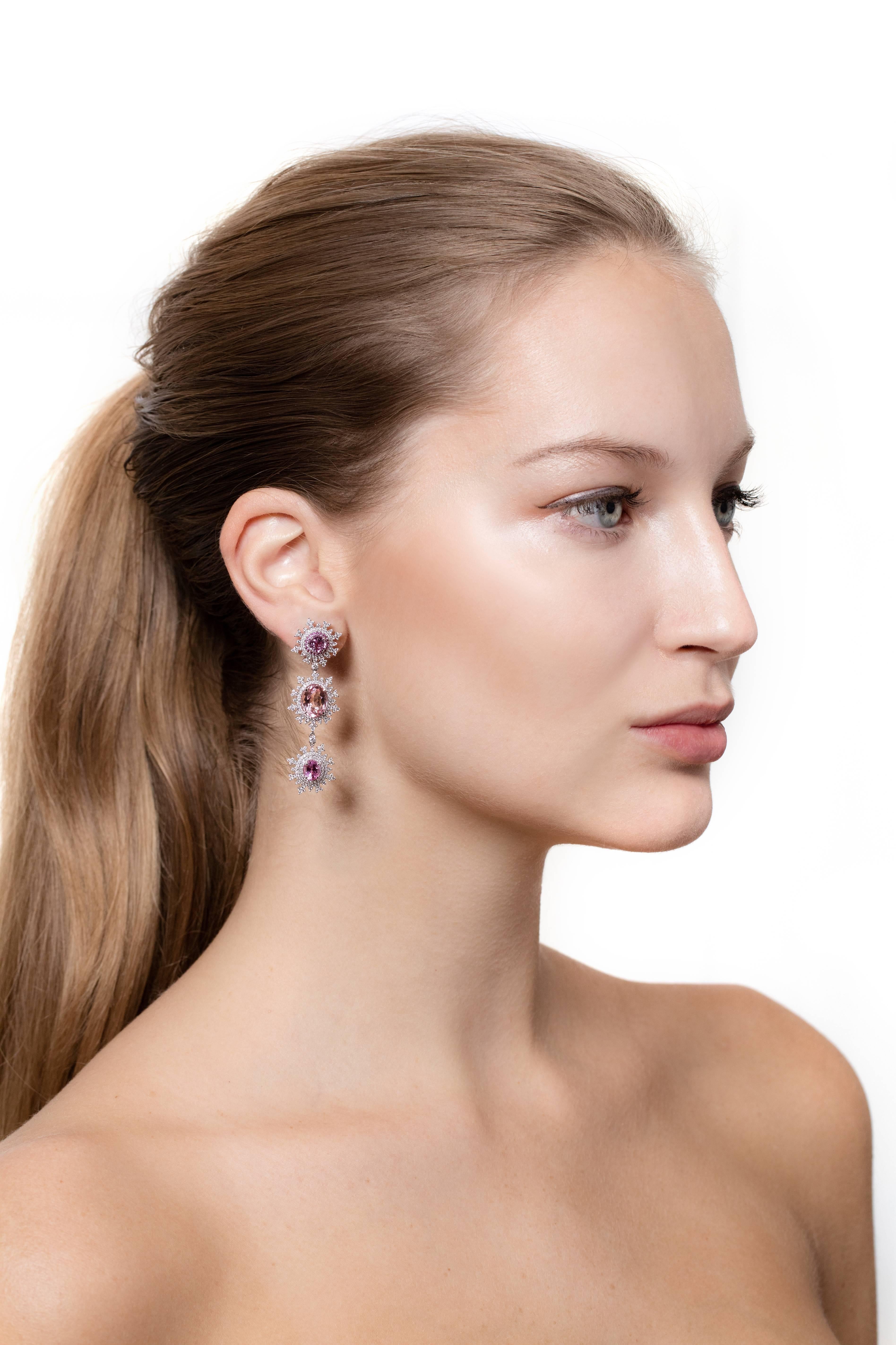Round Cut 18 Karat White Gold, Pink Sapphire, Morganite and White Diamond Long Earrings For Sale