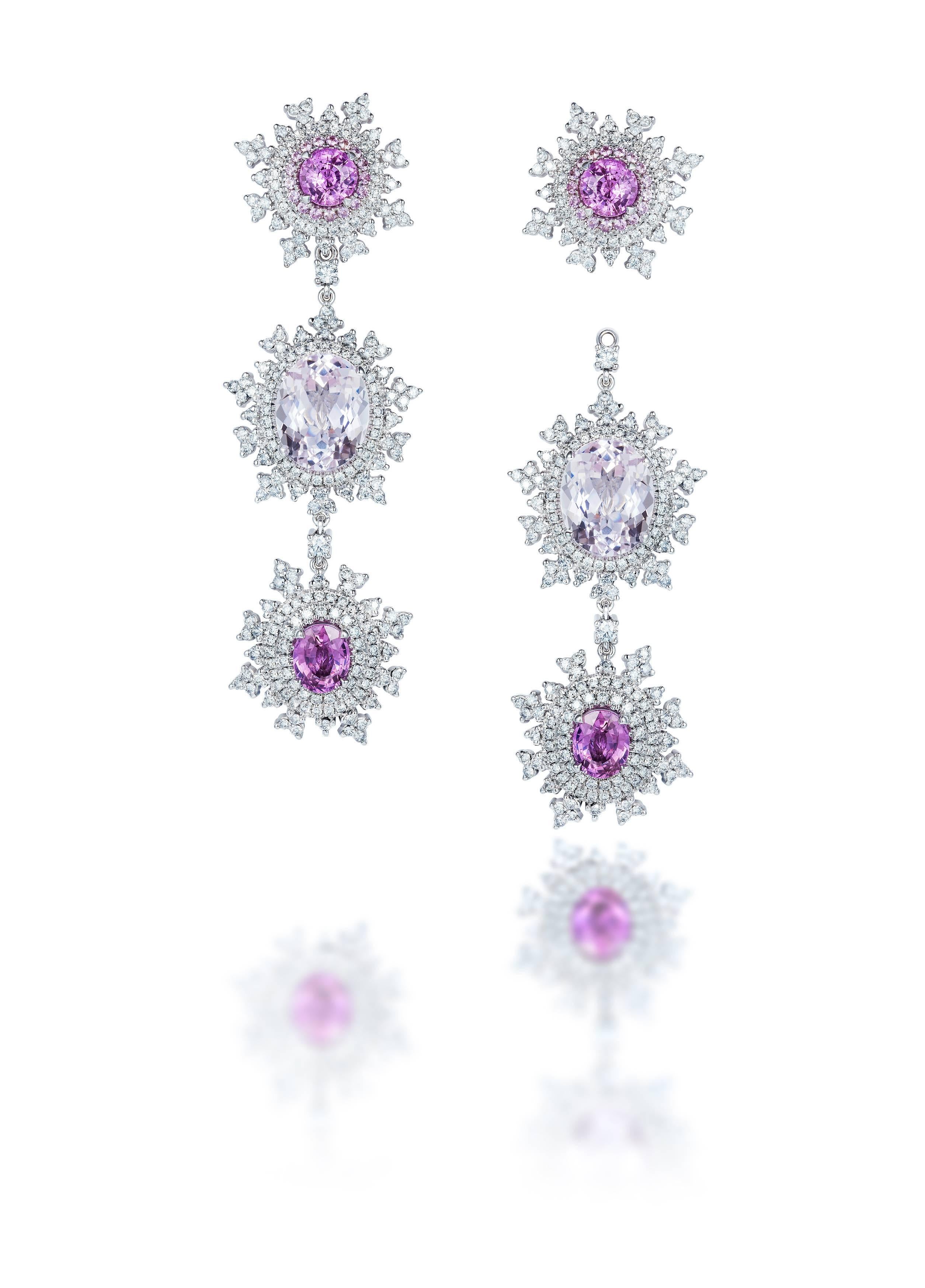 18 Karat White Gold, Pink Sapphire, Morganite and White Diamond Long Earrings In New Condition For Sale In London, GB