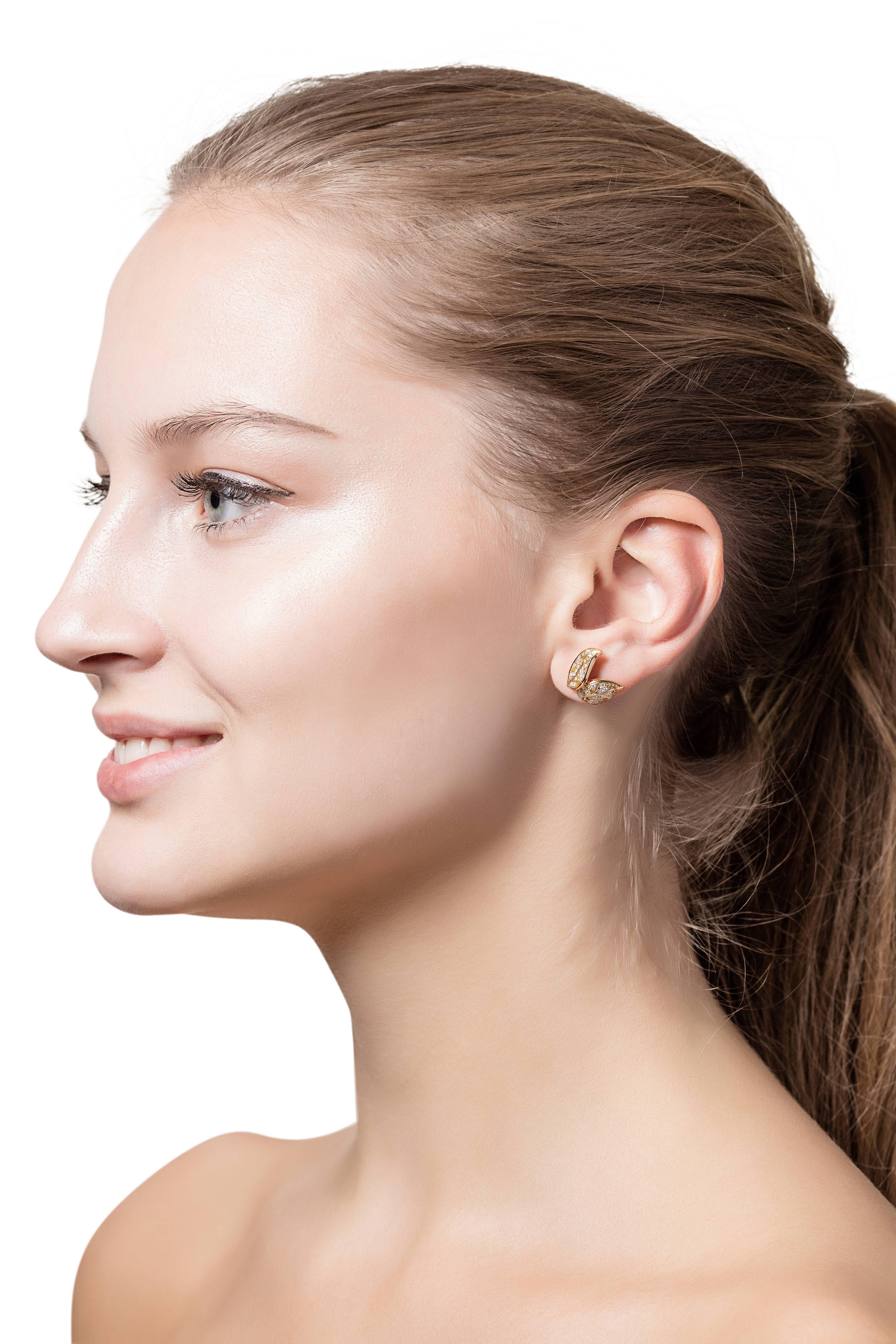 Round Cut Nadine Aysoy Petite Feuilles 18 Karat Gold and Yellow and White Stud Earrings For Sale