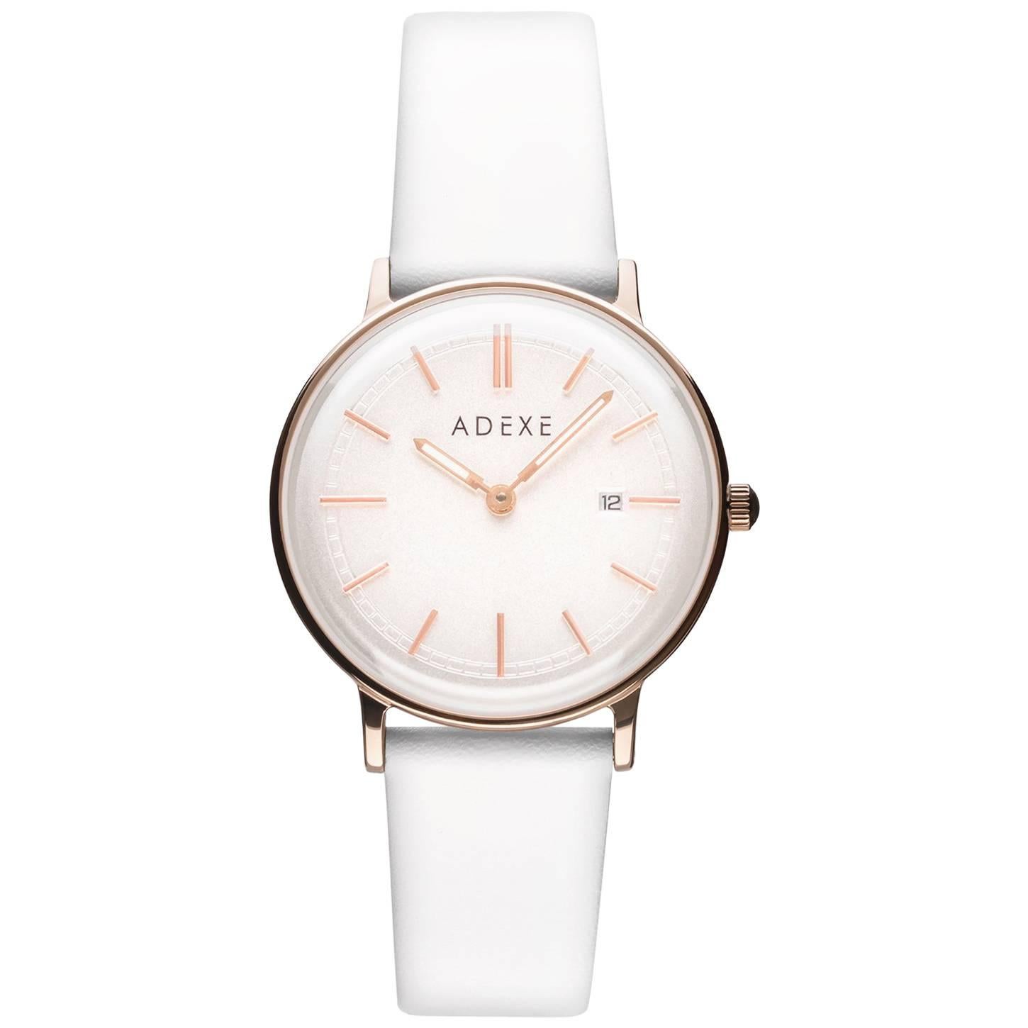 Adexe White and Rose Gold Stainless Steel Genuine Italian Leather Quartz Watch