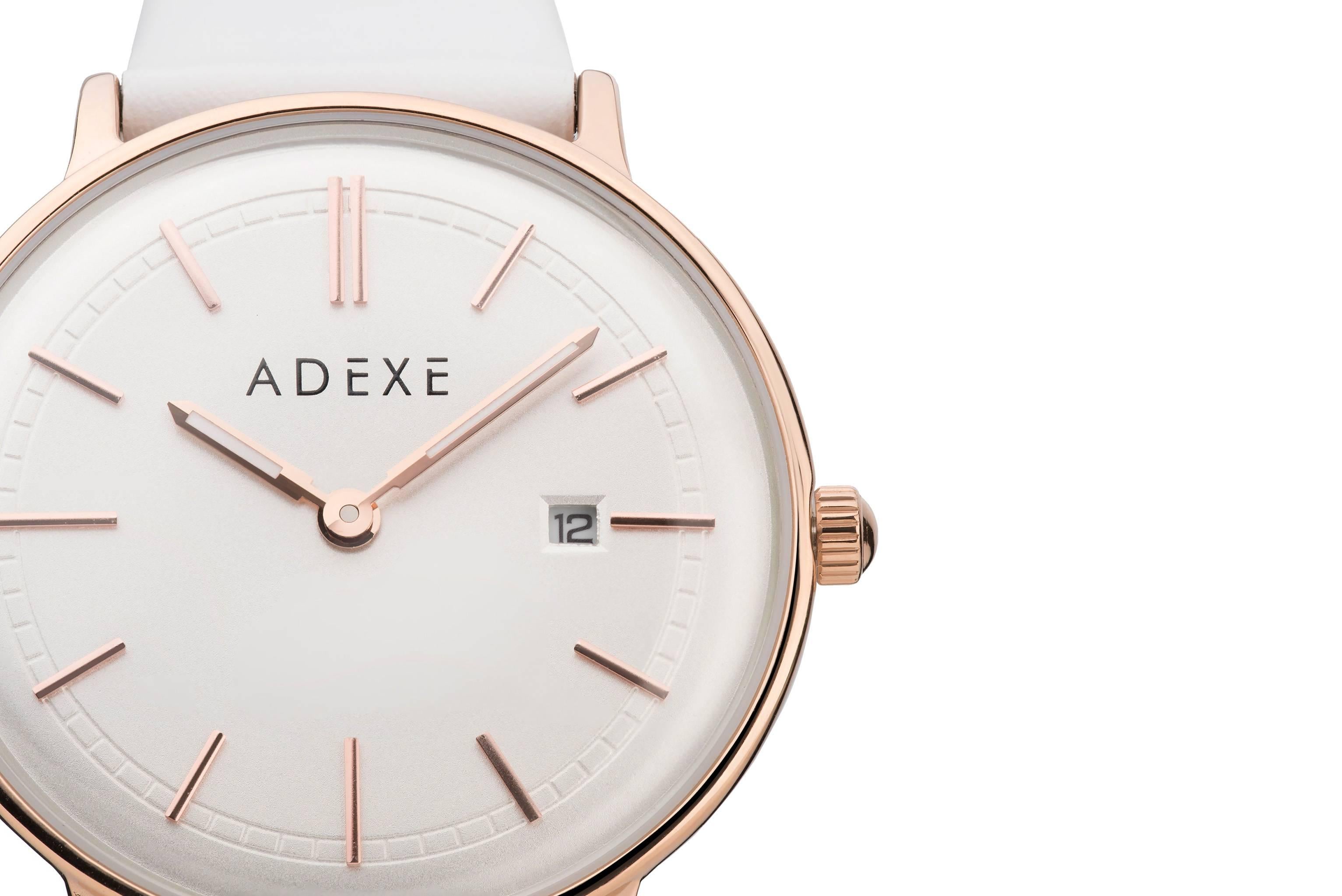 Contemporary Adexe White and Rose Gold Stainless Steel Genuine Italian Leather Quartz Watch For Sale