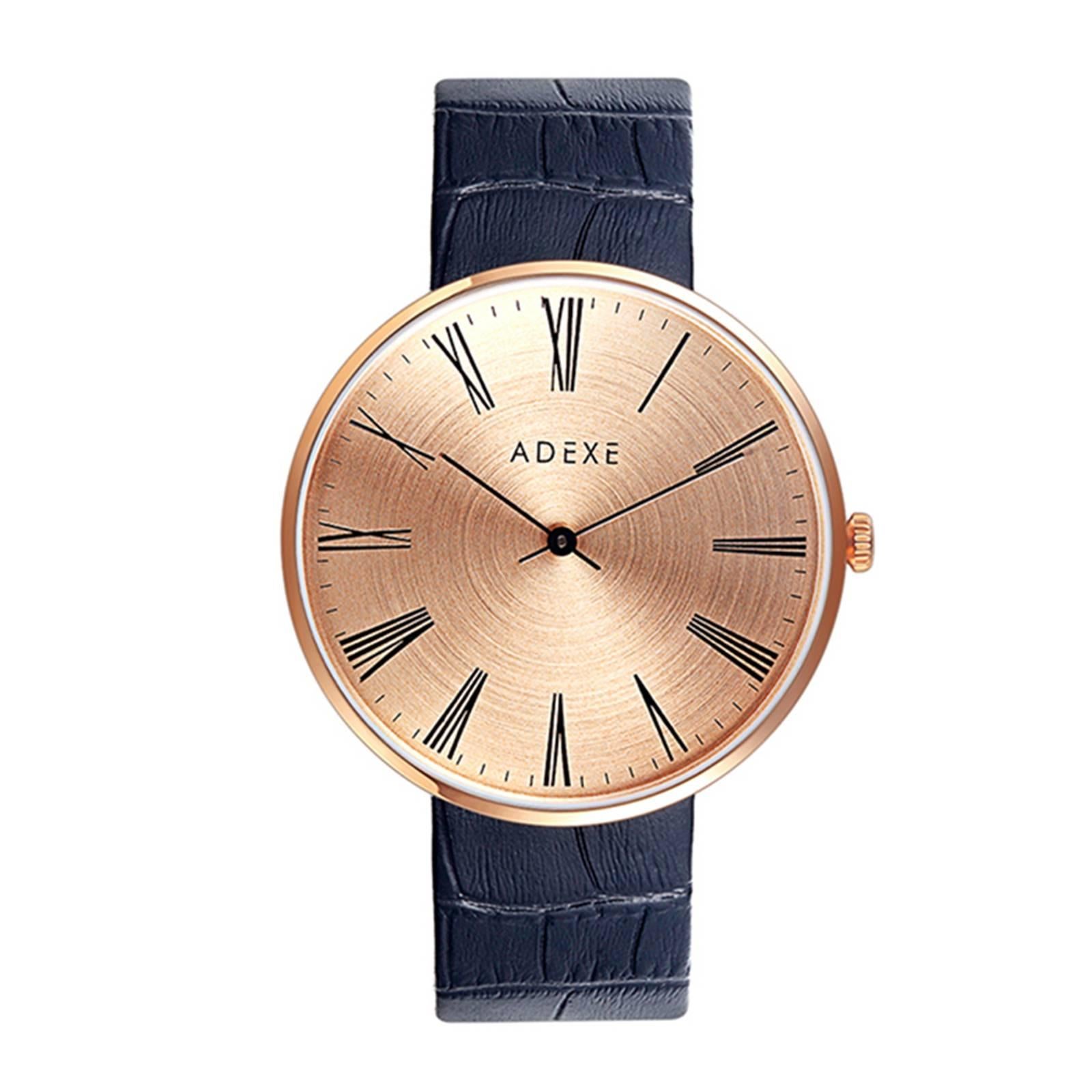 ADEXE Watches Montre à quartz Timeless en cuir italien noir, or rose et design