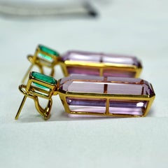 Brazilian Kunzite and Emerald Statement 18 Karat Gold Drop Earrings