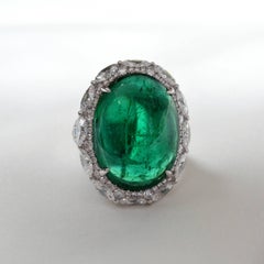 21.49 Carat Oval Cabochon Emerald Diamond Ring