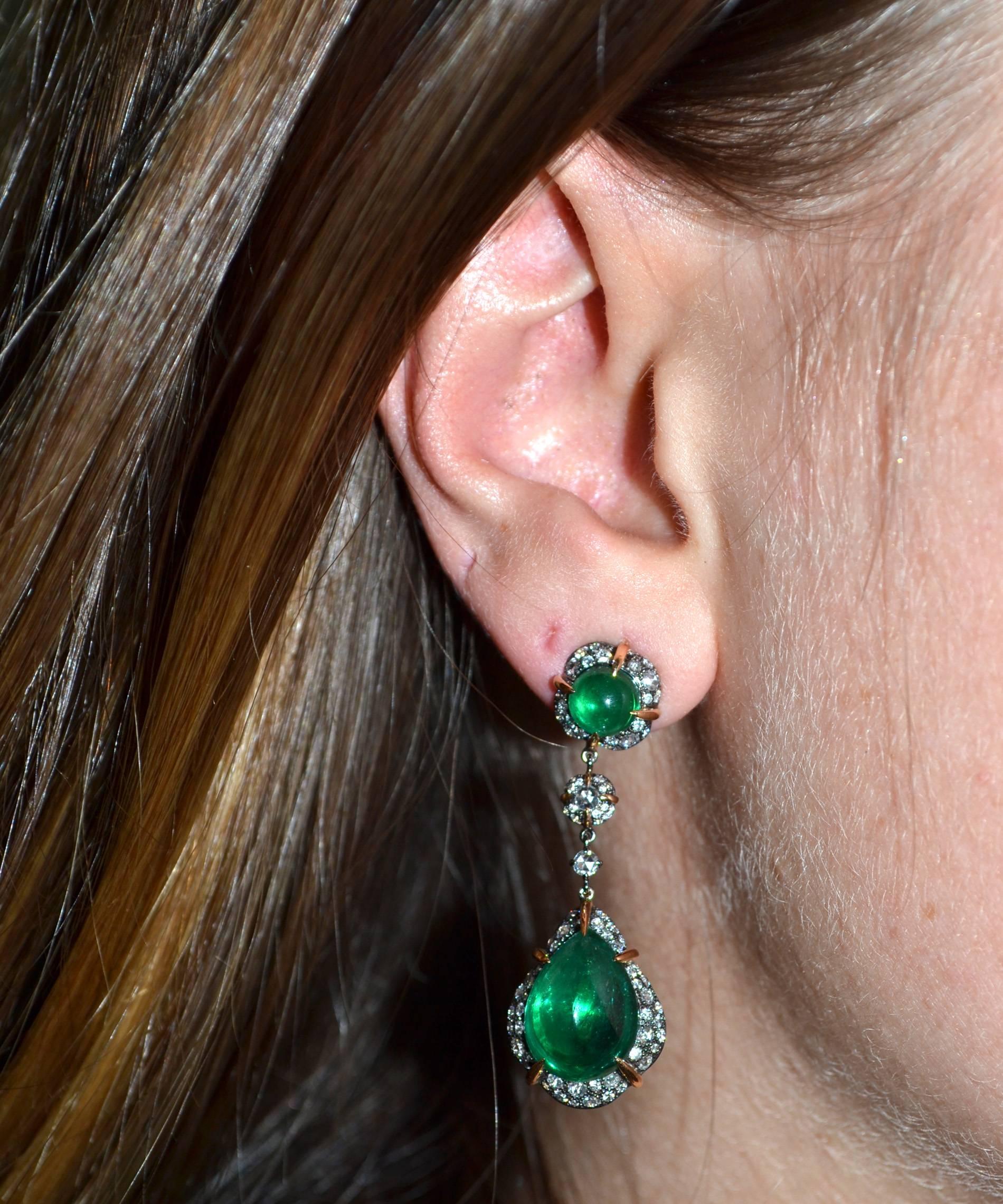 Pear Cut 15.74 Carat Pear Cabochon Emerald Diamond 18 Karat Gold Drop Earrings For Sale