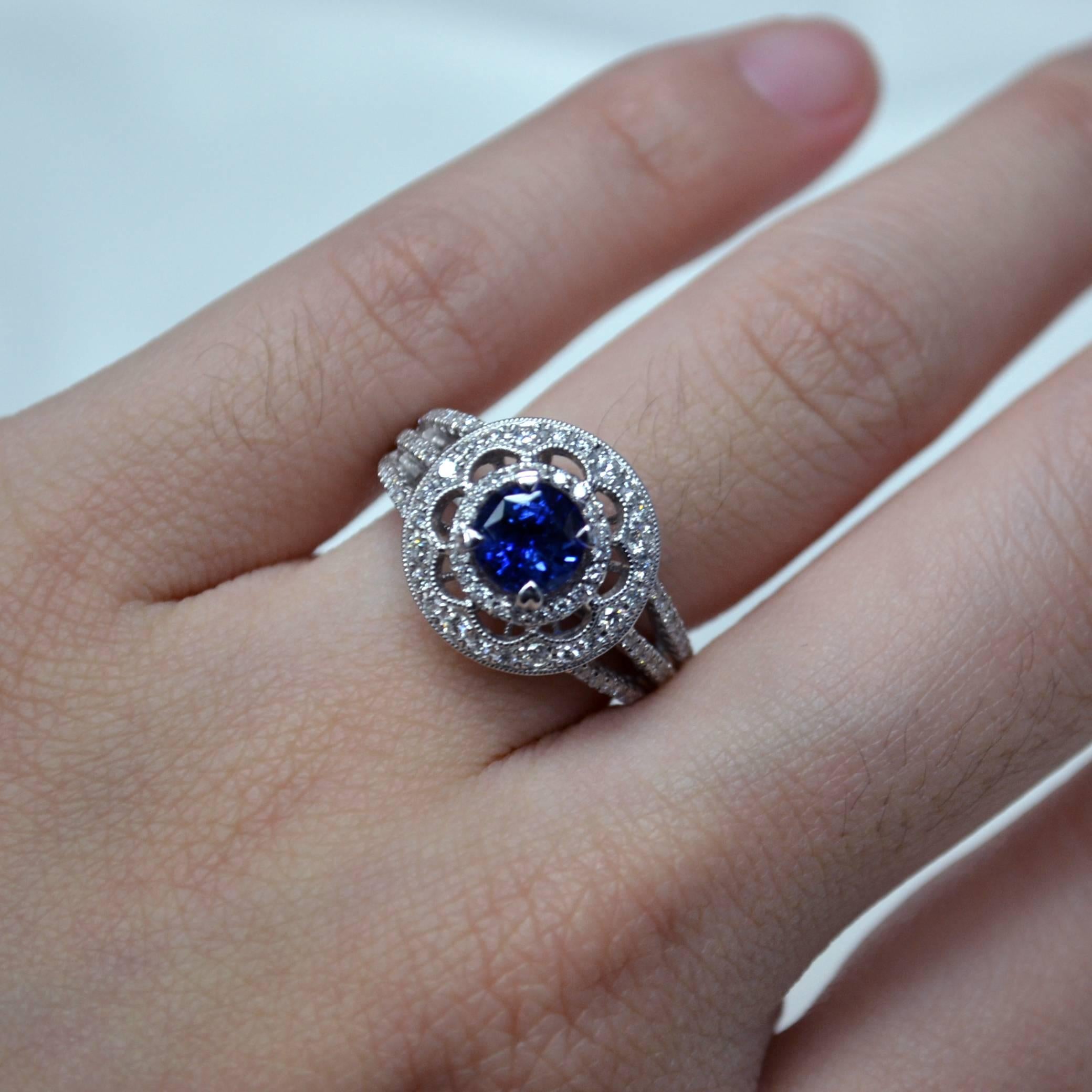 Art Deco Round Ceylon Blue Sapphire Diamond 18 Karat Gold Solitaire Ring For Sale