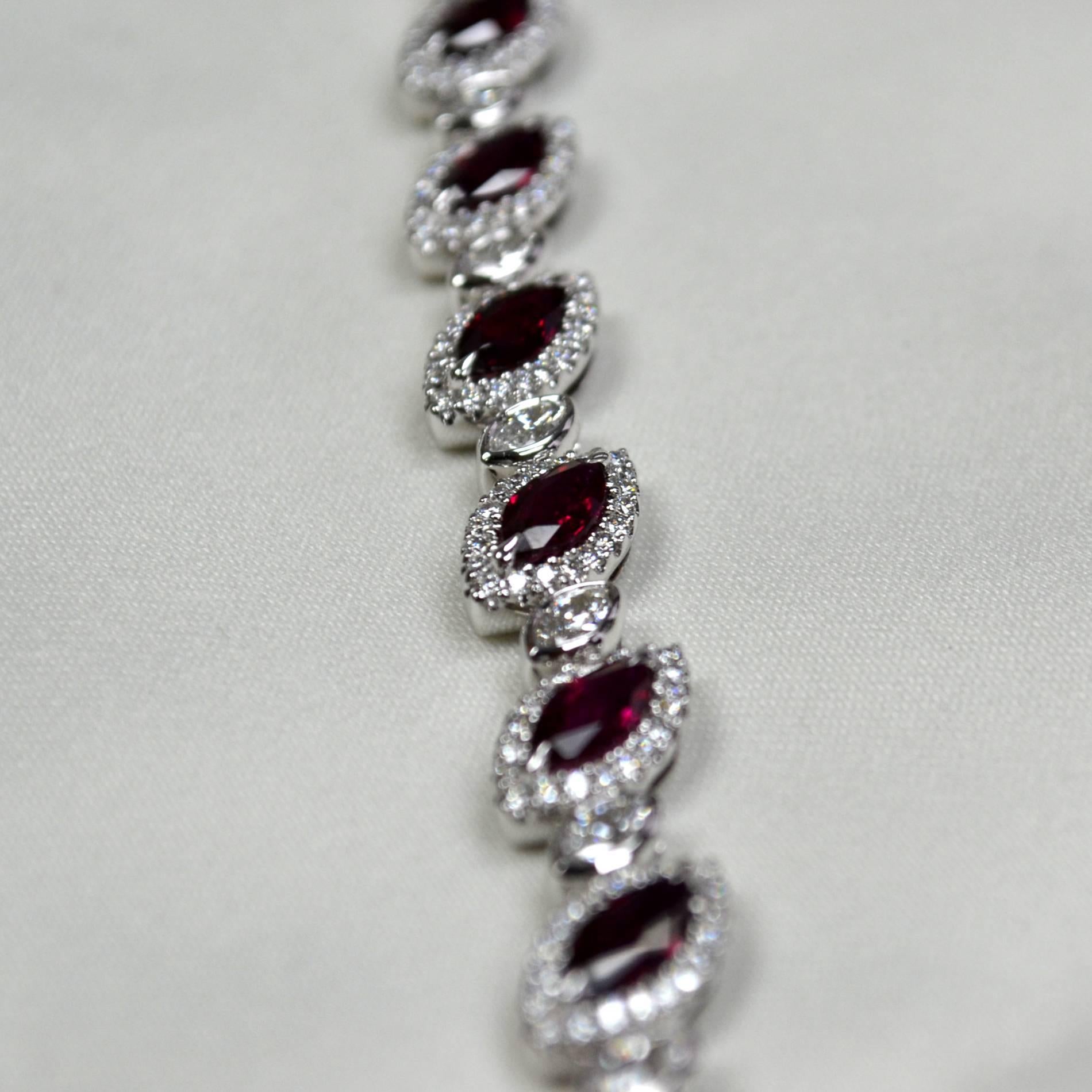 Modern 6.19 Carat Marquise Ruby Diamond 18 Karat Gold Bracelet For Sale