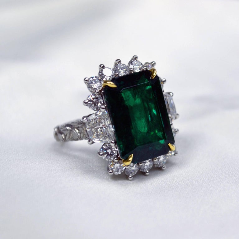 7.78 Carat Emerald Cut Emerald Diamond Platinum Engagement Ring For ...