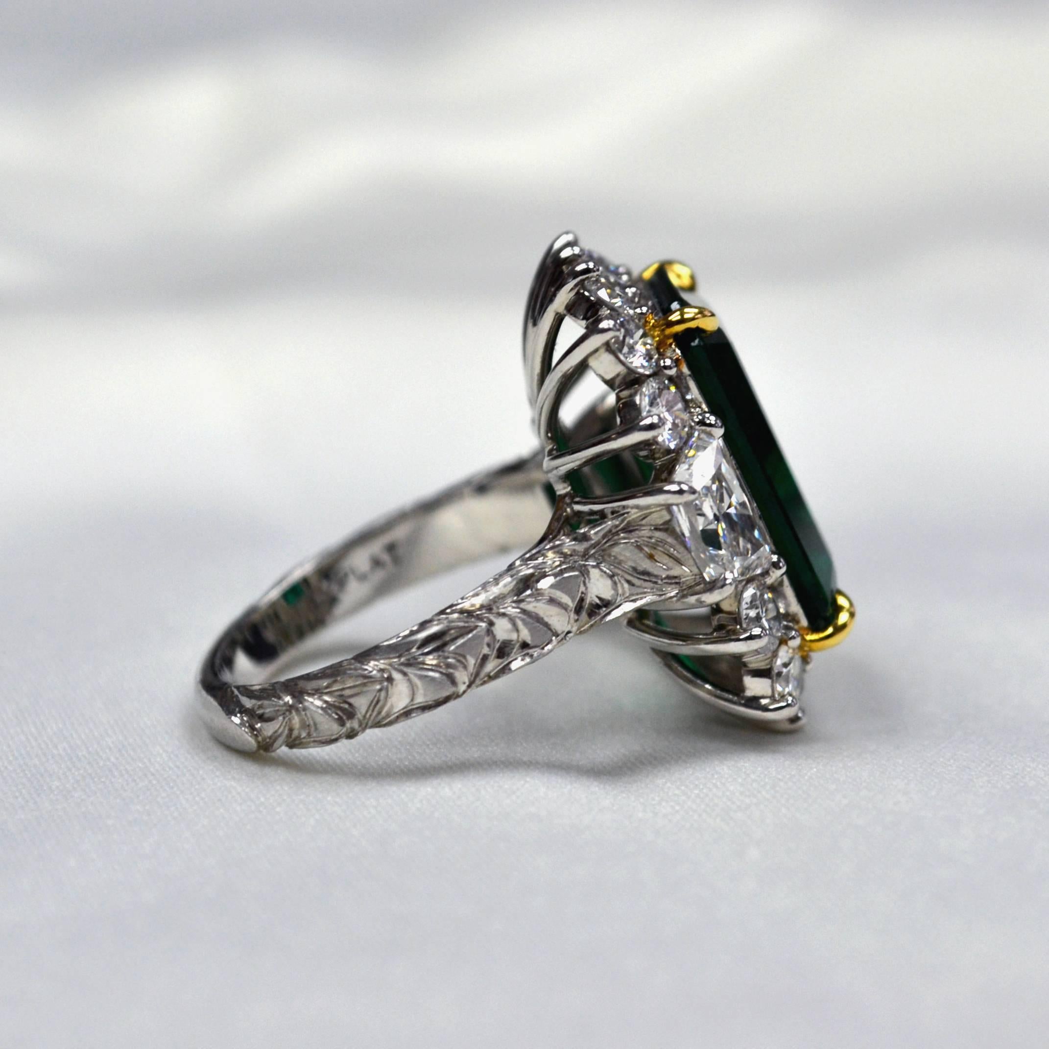 7.78 Carat Emerald Cut Emerald Diamond Platinum Engagement Ring In New Condition For Sale In New York, NY