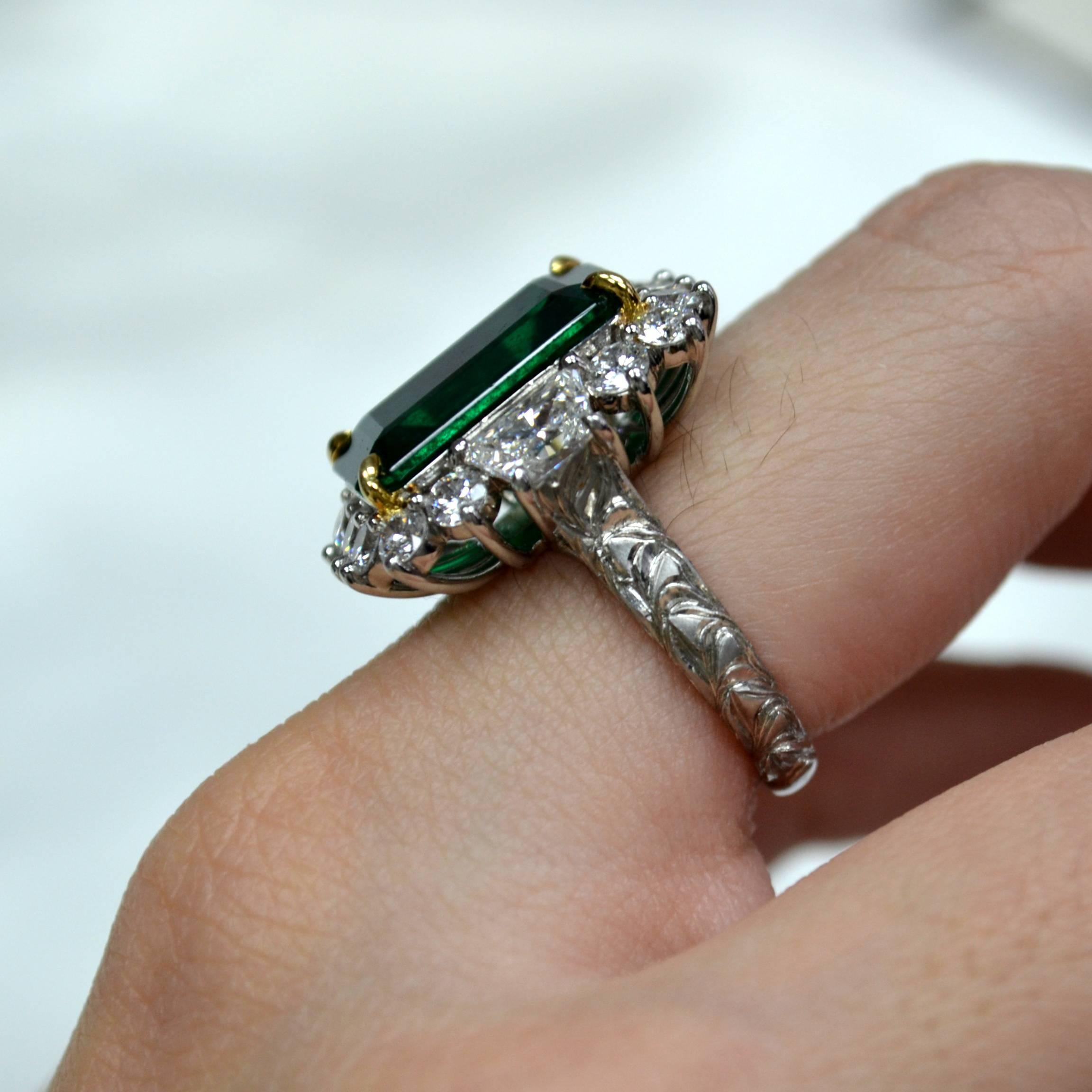 7.78 Carat Emerald Cut Emerald Diamond Platinum Engagement Ring For Sale 1