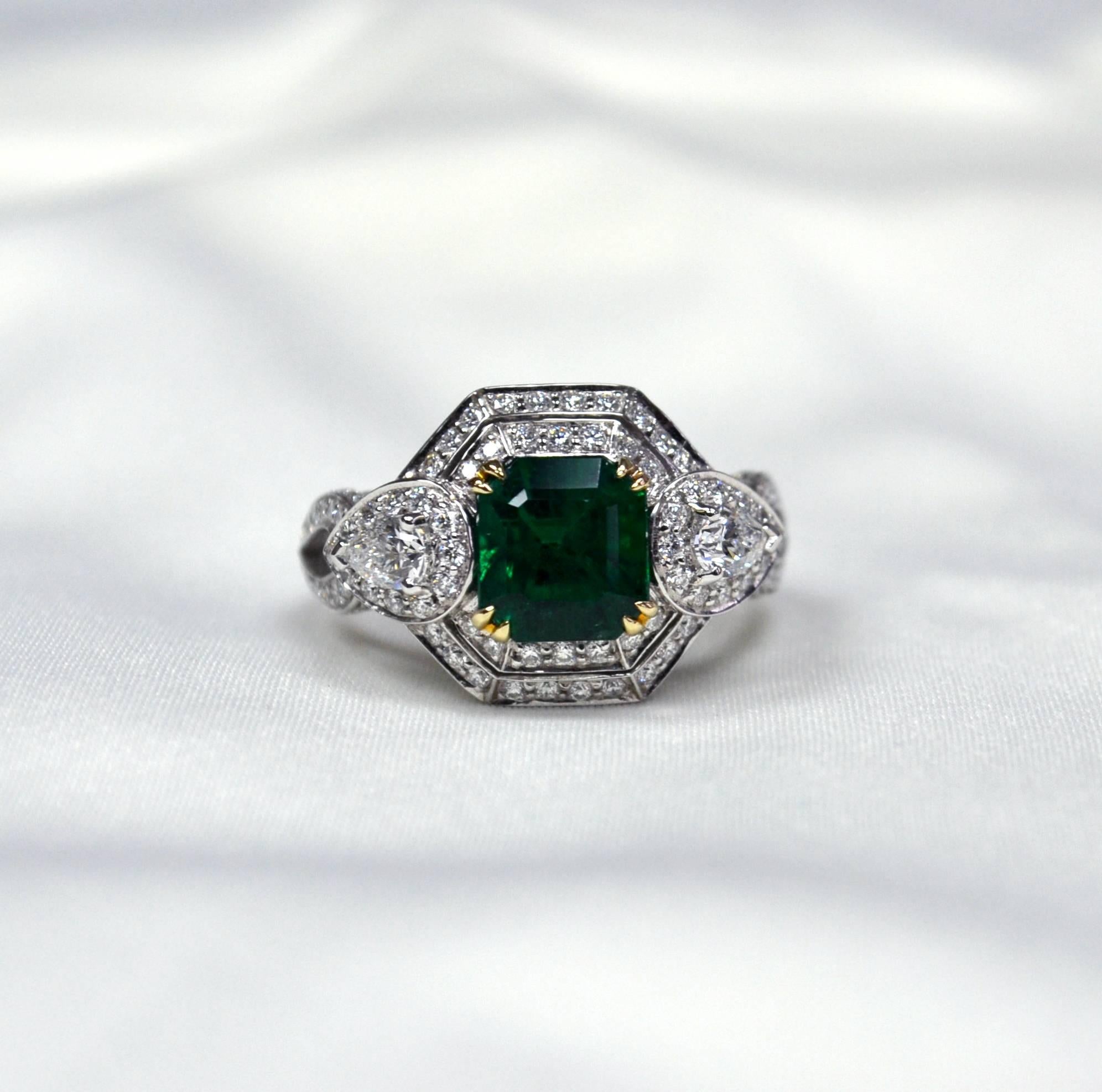 Emerald Cut Emerald Diamond 18 Karat Gold Engagement Ring In New Condition For Sale In New York, NY