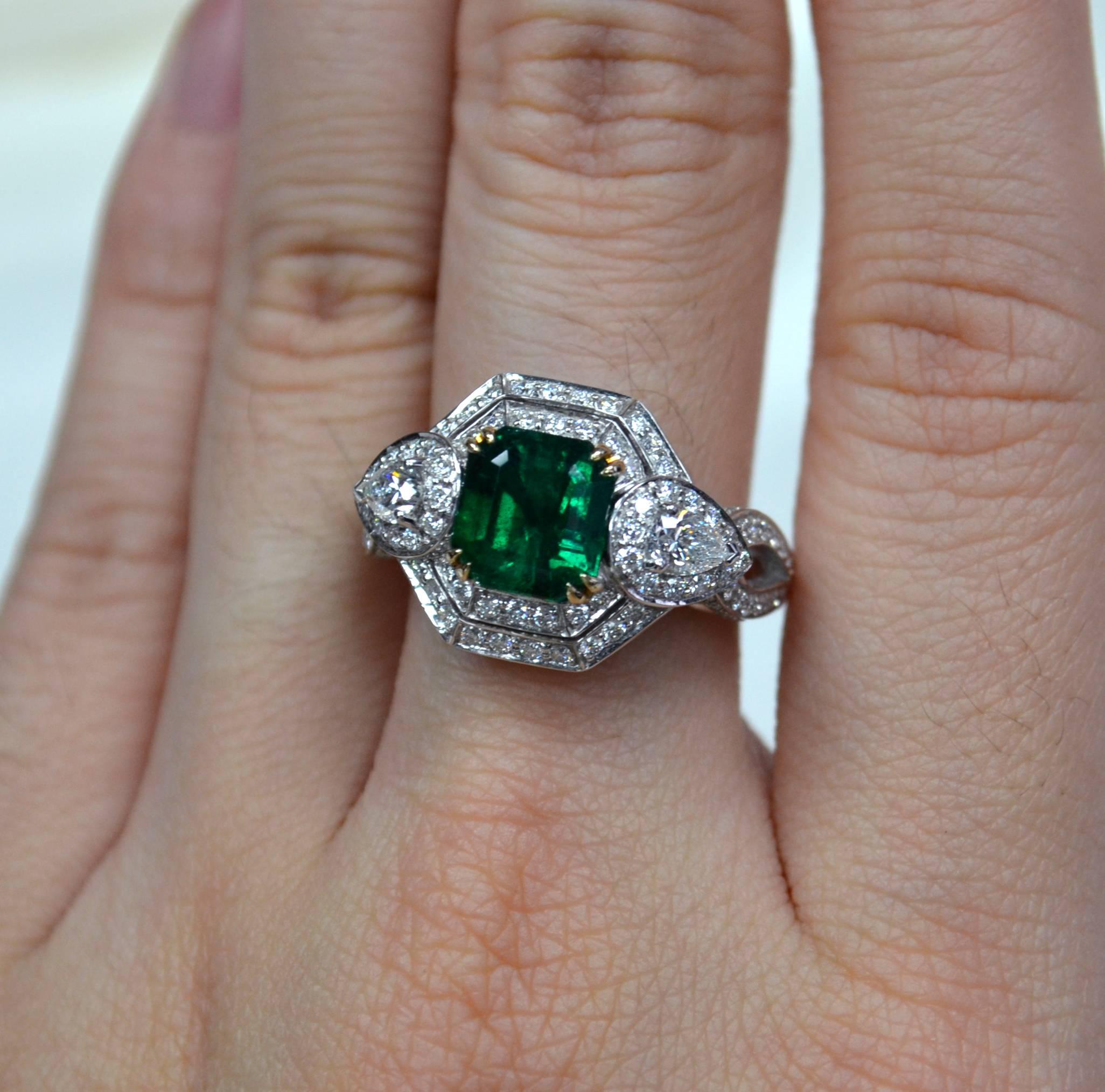Art Deco Emerald Cut Emerald Diamond 18 Karat Gold Engagement Ring For Sale