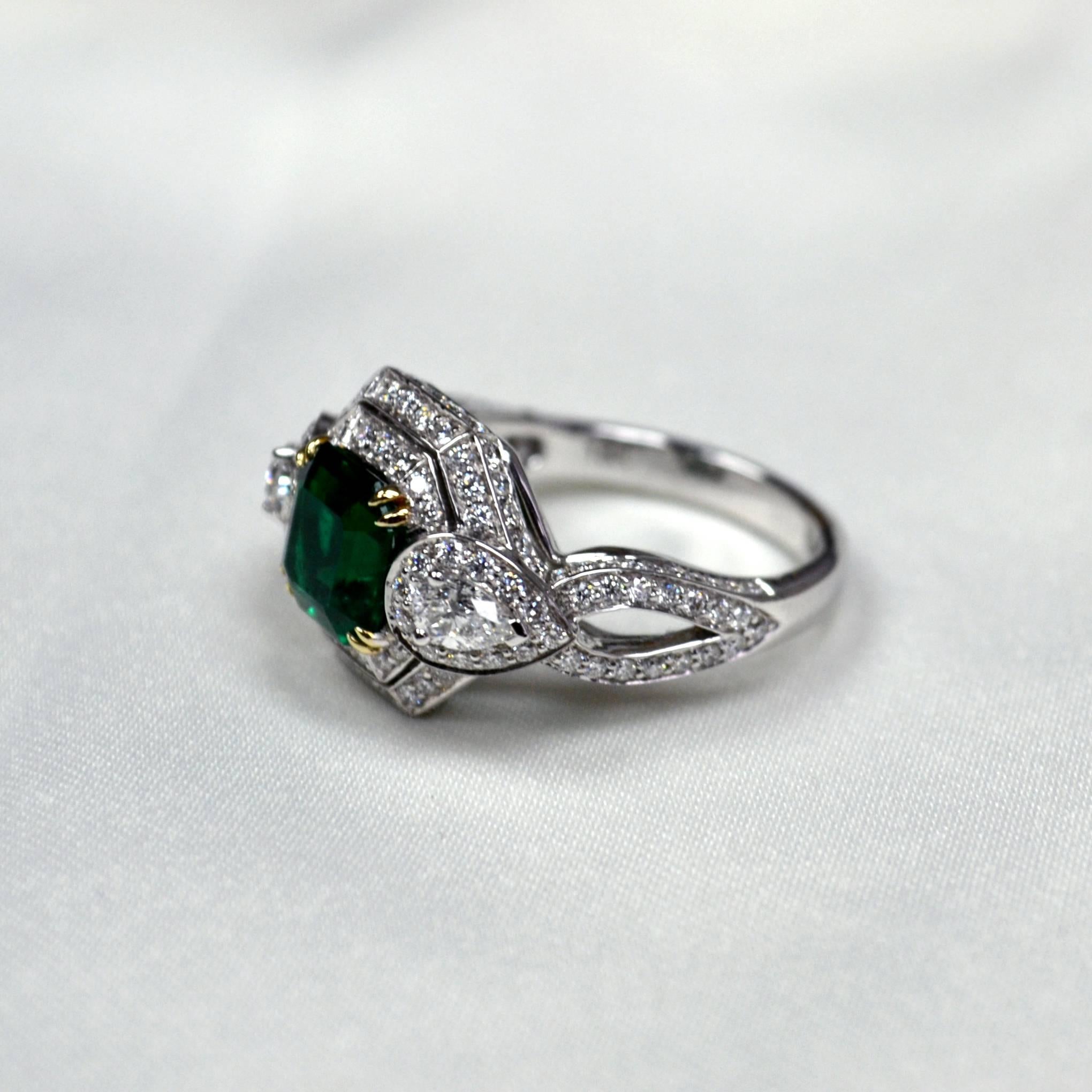 Women's or Men's Emerald Cut Emerald Diamond 18 Karat Gold Engagement Ring For Sale