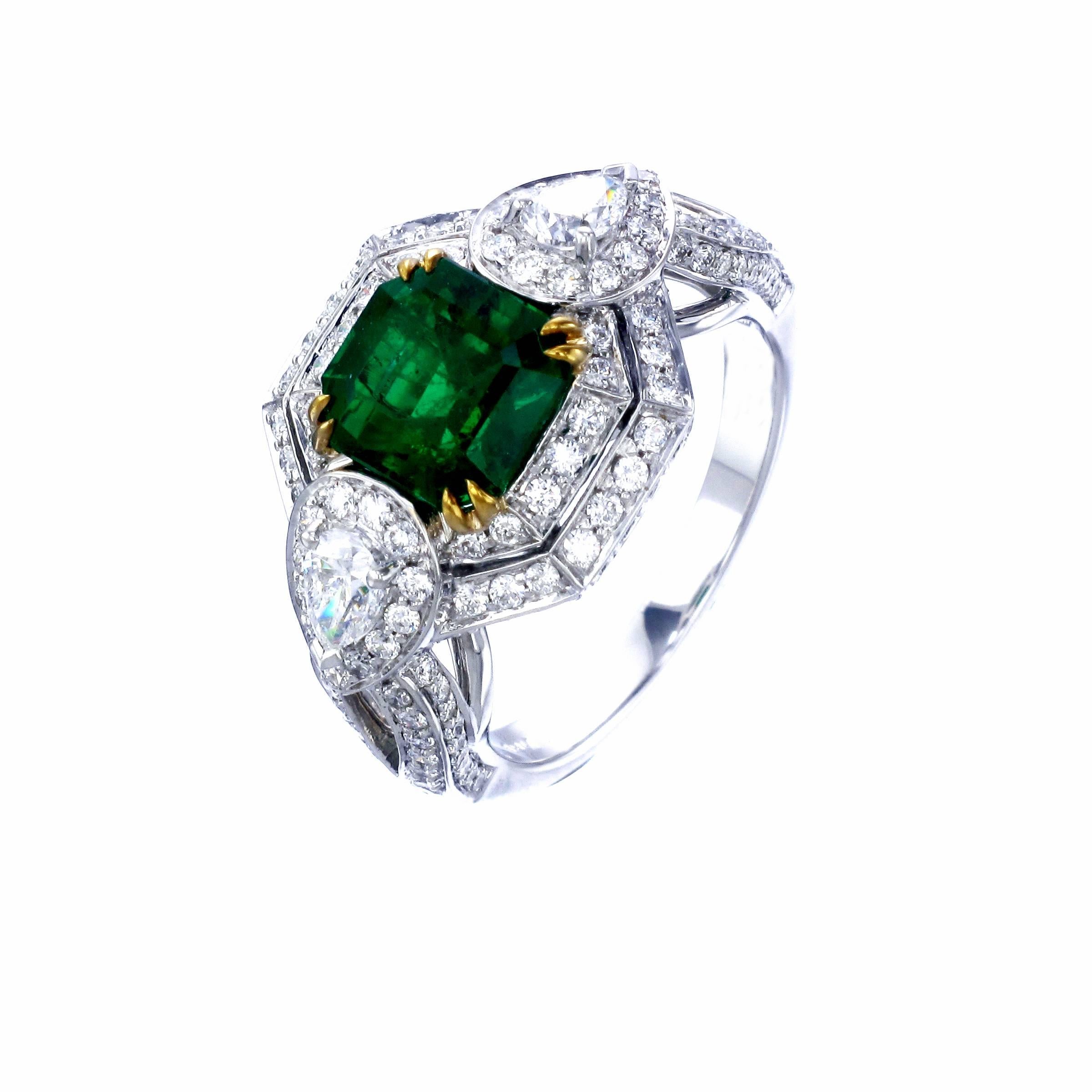 Emerald Cut Emerald Diamond 18 Karat Gold Engagement Ring For Sale 1