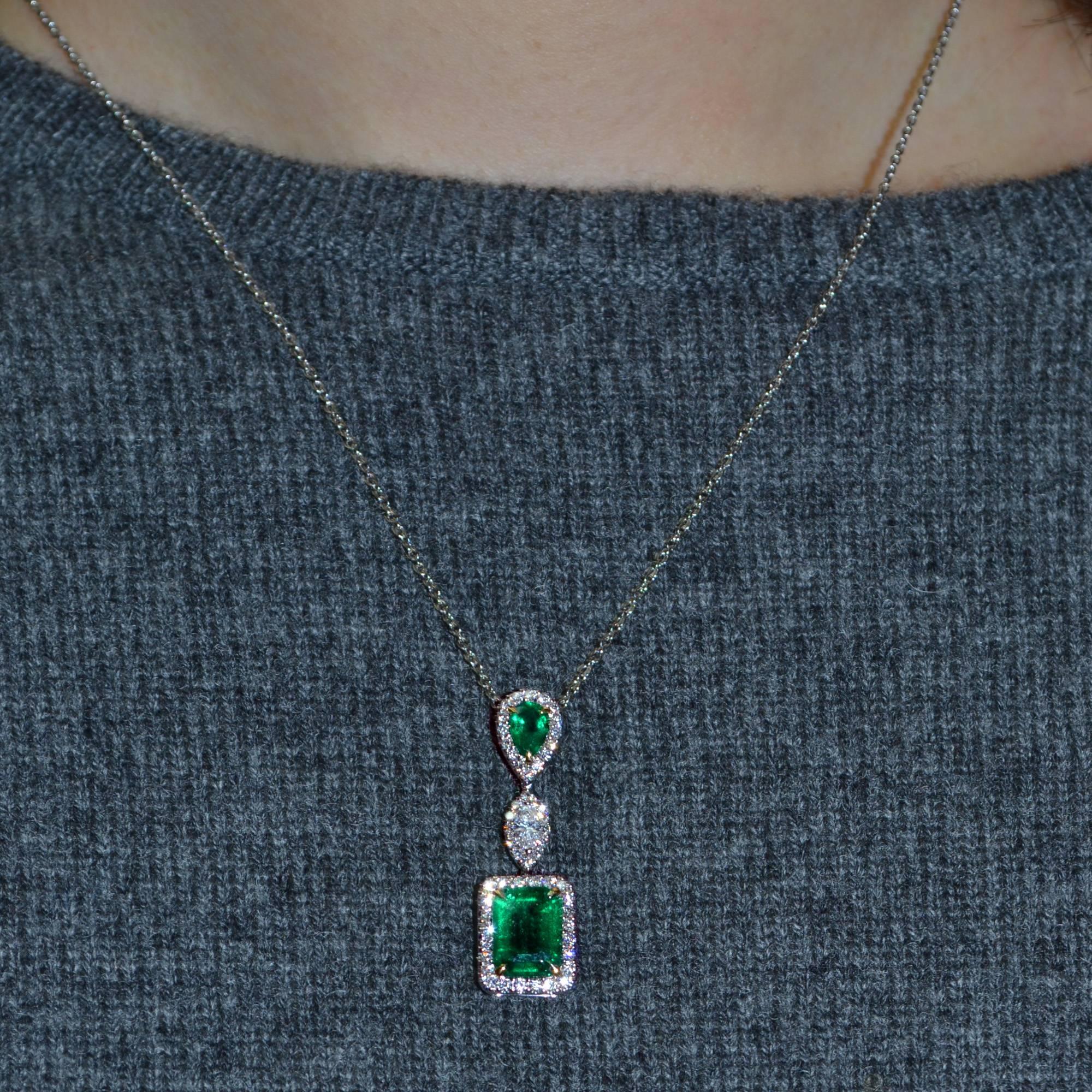 Emerald Cut Emerald Diamond 18 Karat Gold Pendant Necklace For Sale 1