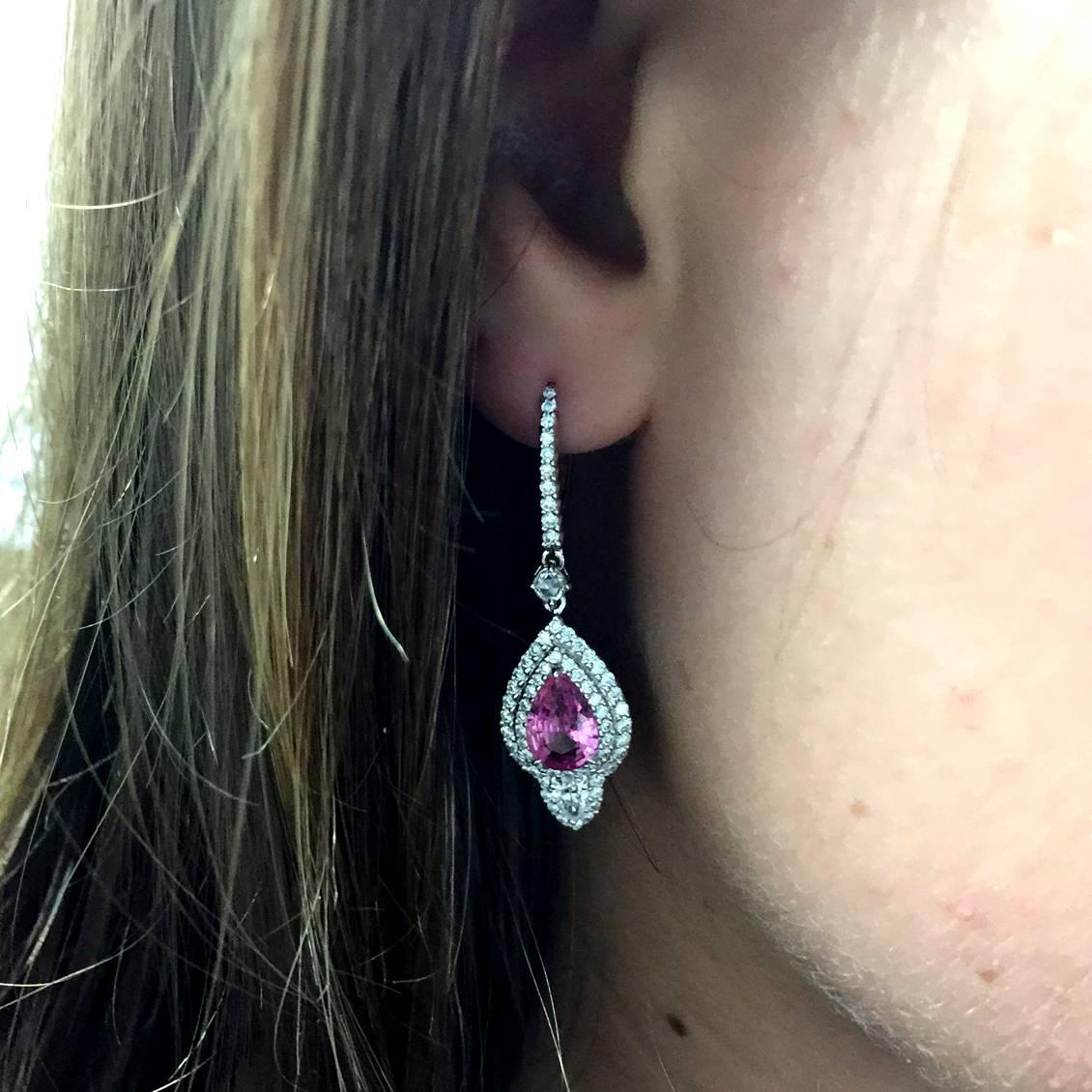 Women's or Men's Pear Pink Sapphire Diamond Drop Earrings For Sale