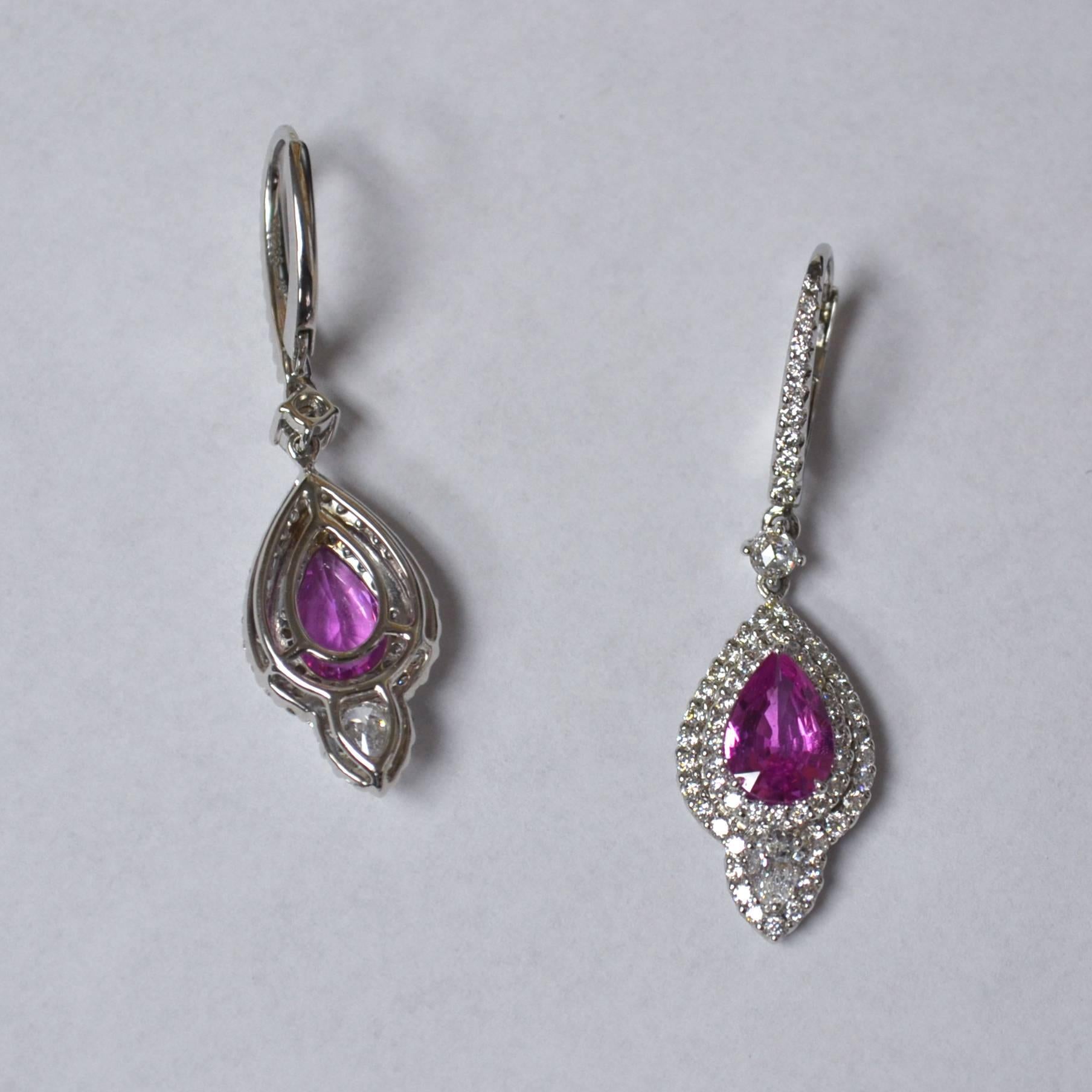 Pear Pink Sapphire Diamond Drop Earrings In New Condition For Sale In New York, NY