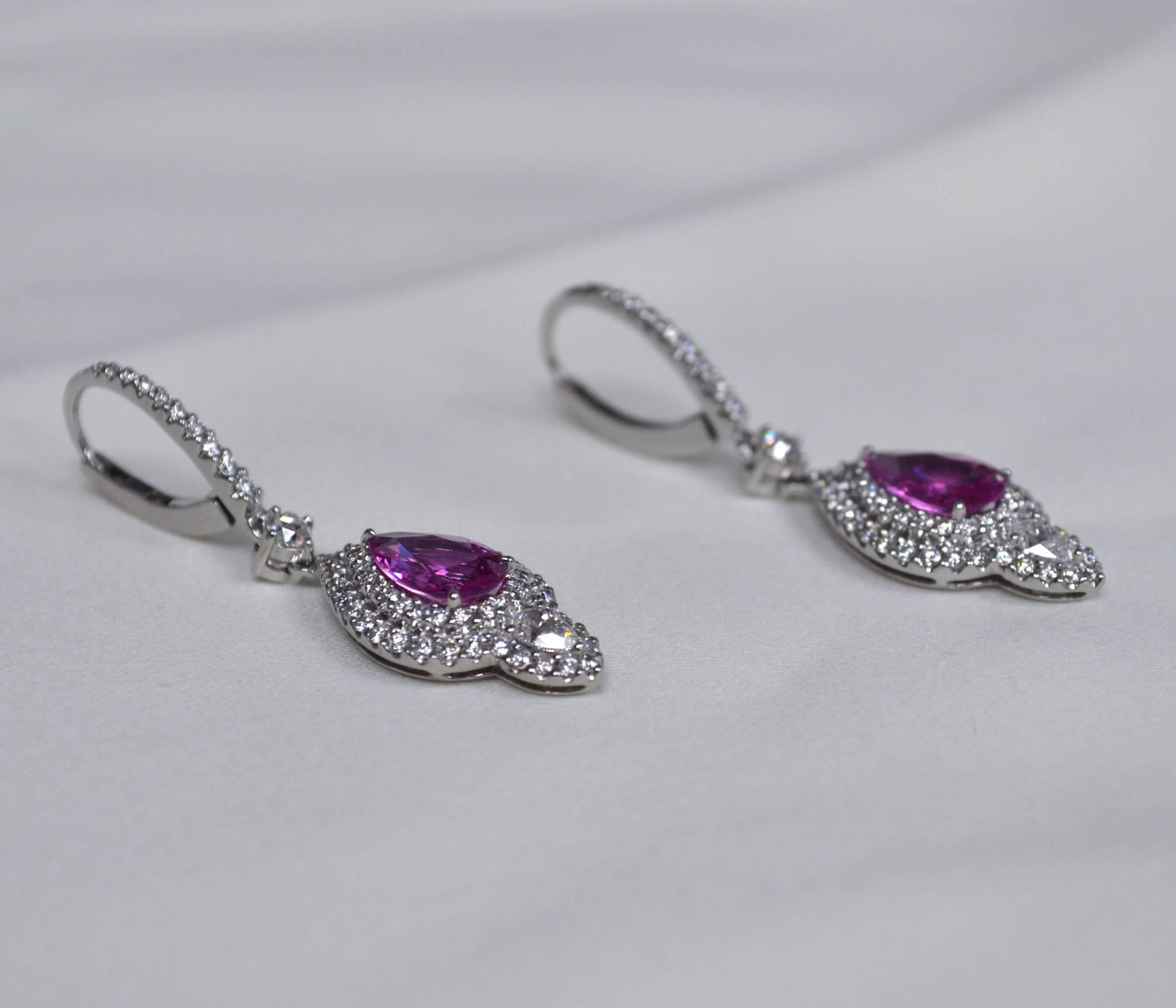 Pear Cut Pear Pink Sapphire Diamond Drop Earrings For Sale