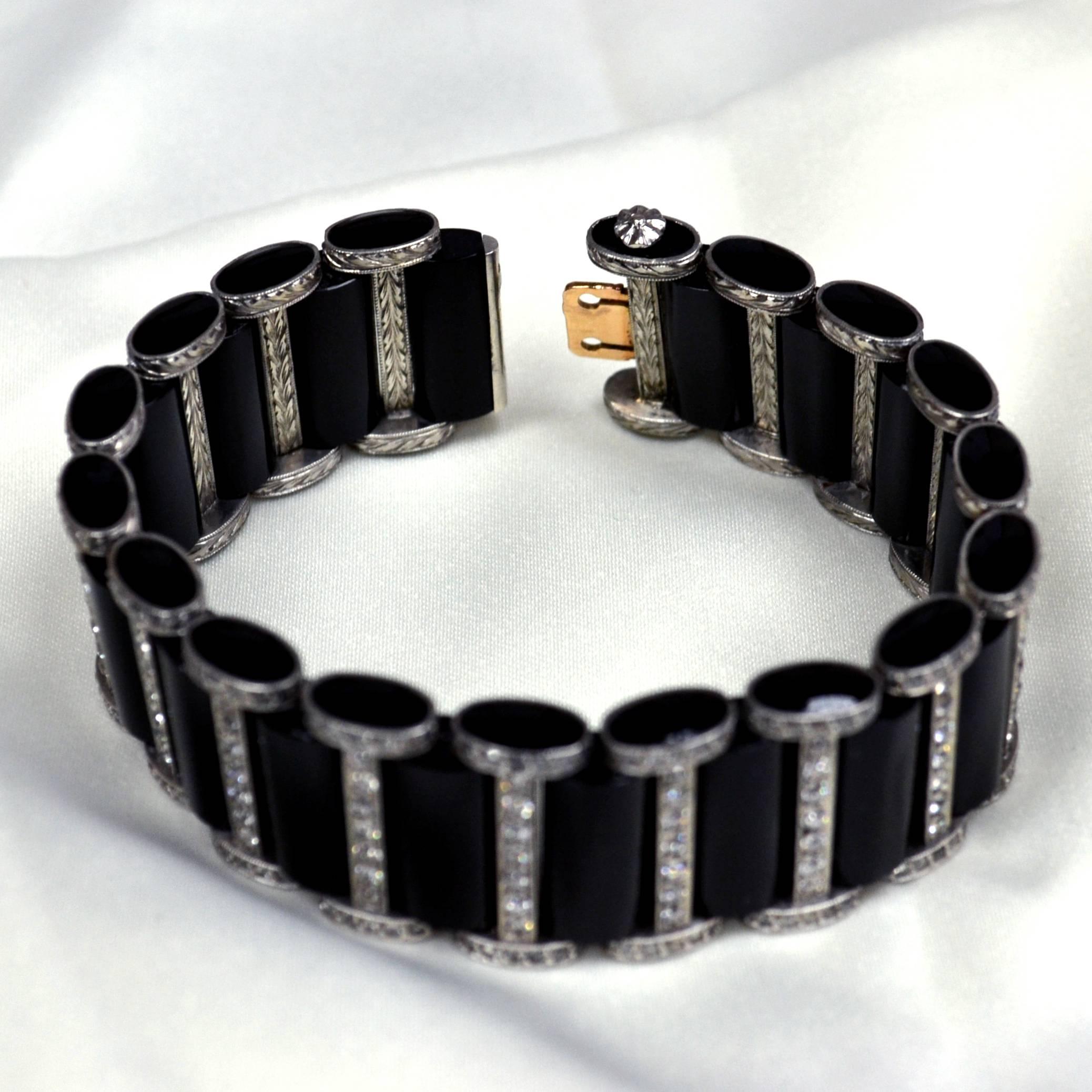 Women's or Men's French Onyx Diamond Platinum Link Bracelet For Sale