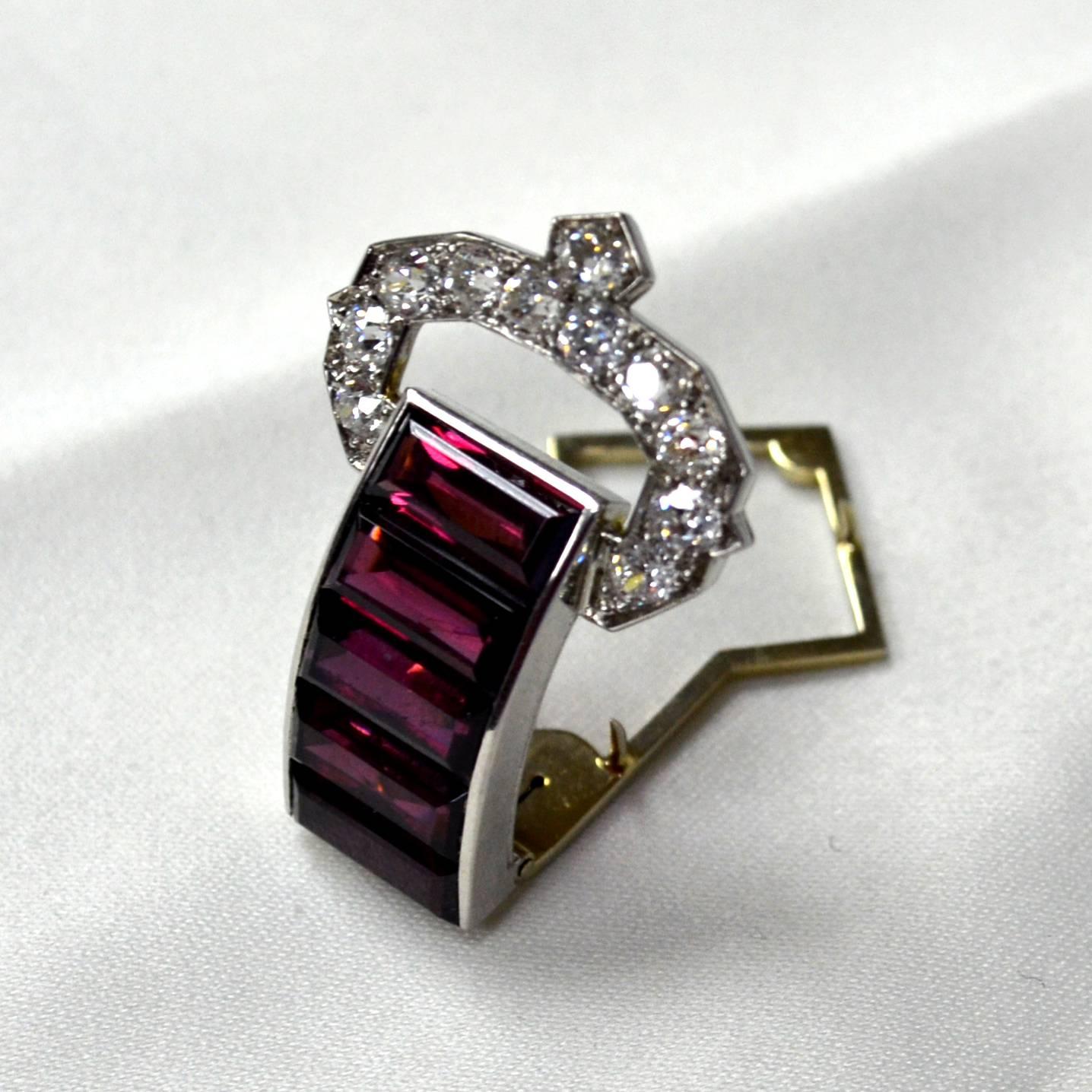 Emerald Cut Cartier Pink Tourmaline Diamond Platinum Brooch