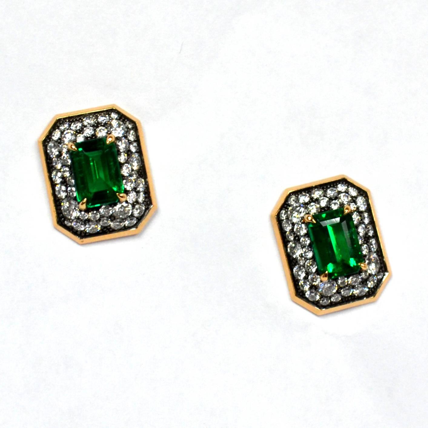Emerald Cut Emerald Diamond Art Deco 18 Karat Gold Stud Earrings For Sale