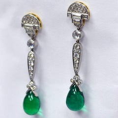 GIA Certified 16.25 Carat Zambian Pear Cabochon Emerald Diamond Drop Earrings