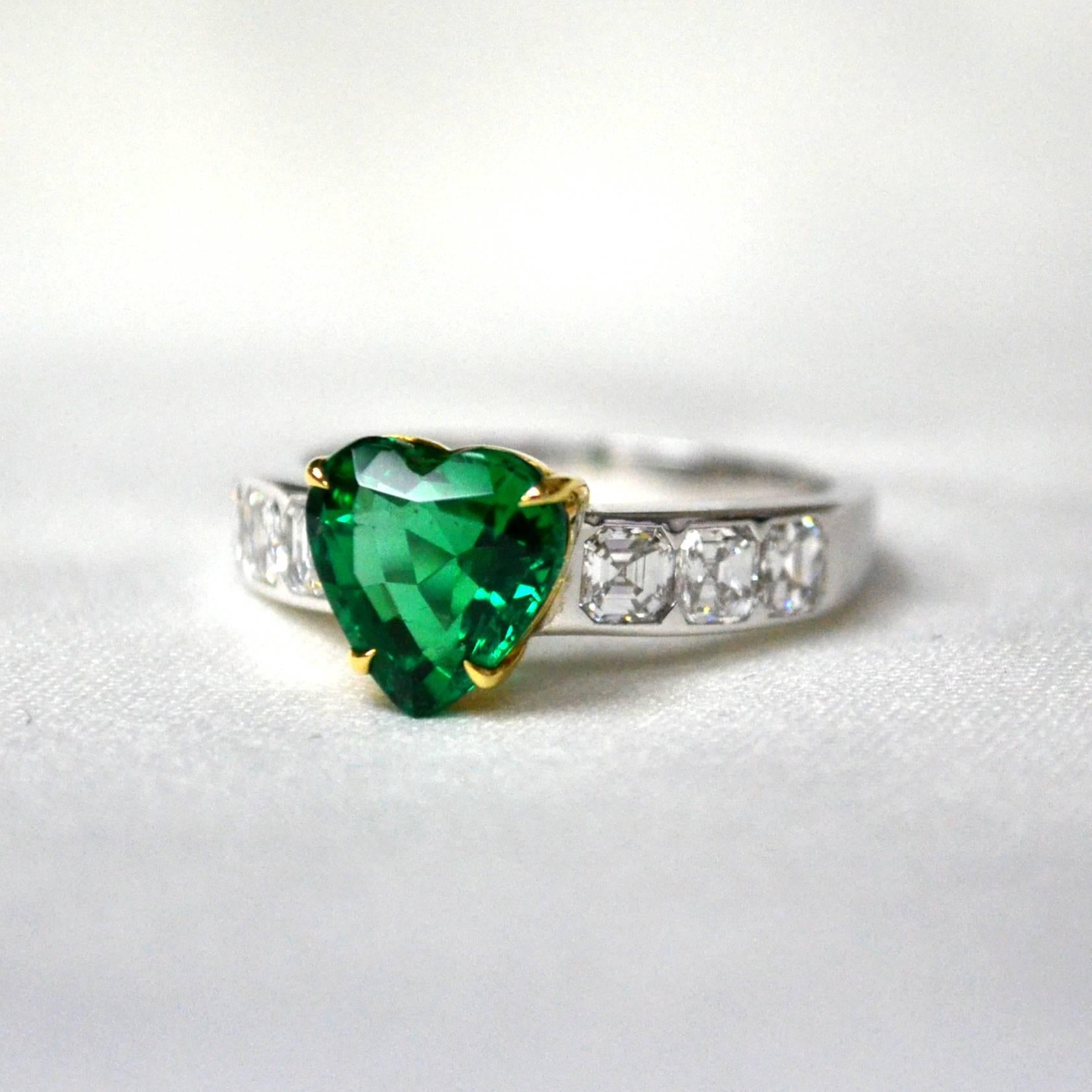 Asscher Cut Heart Shaped Emerald Diamond 18 Karat Gold Solitaire Ring For Sale