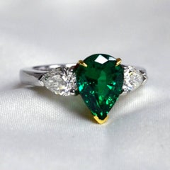 Pear Colombian Emerald Diamond Platinum Three-Stone Ring