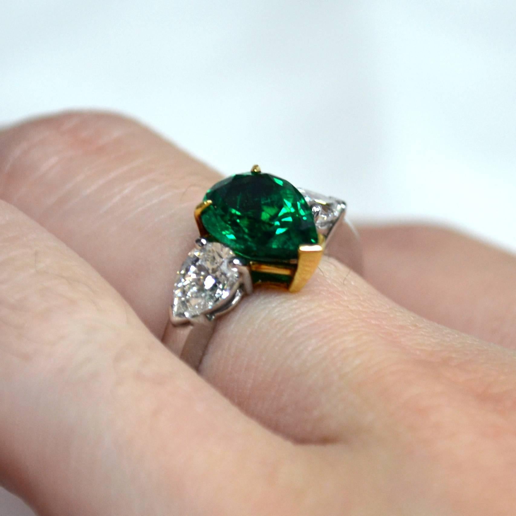 Pear Colombian Emerald Diamond Platinum Three-Stone Ring For Sale 4