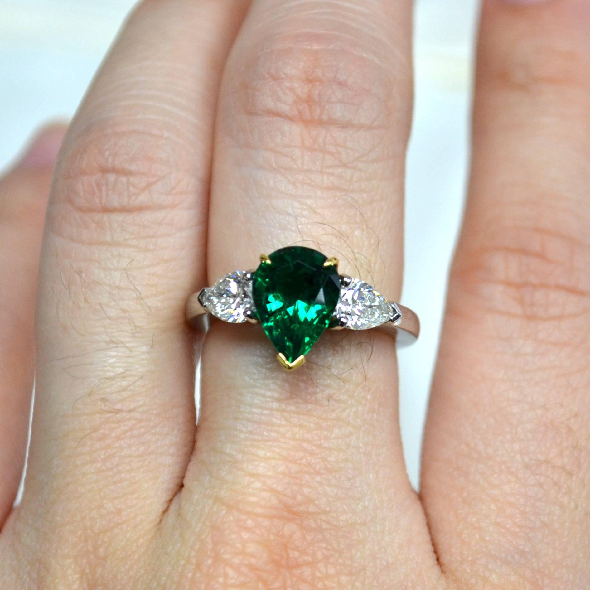 Pear Colombian Emerald Diamond Platinum Three-Stone Ring For Sale 3