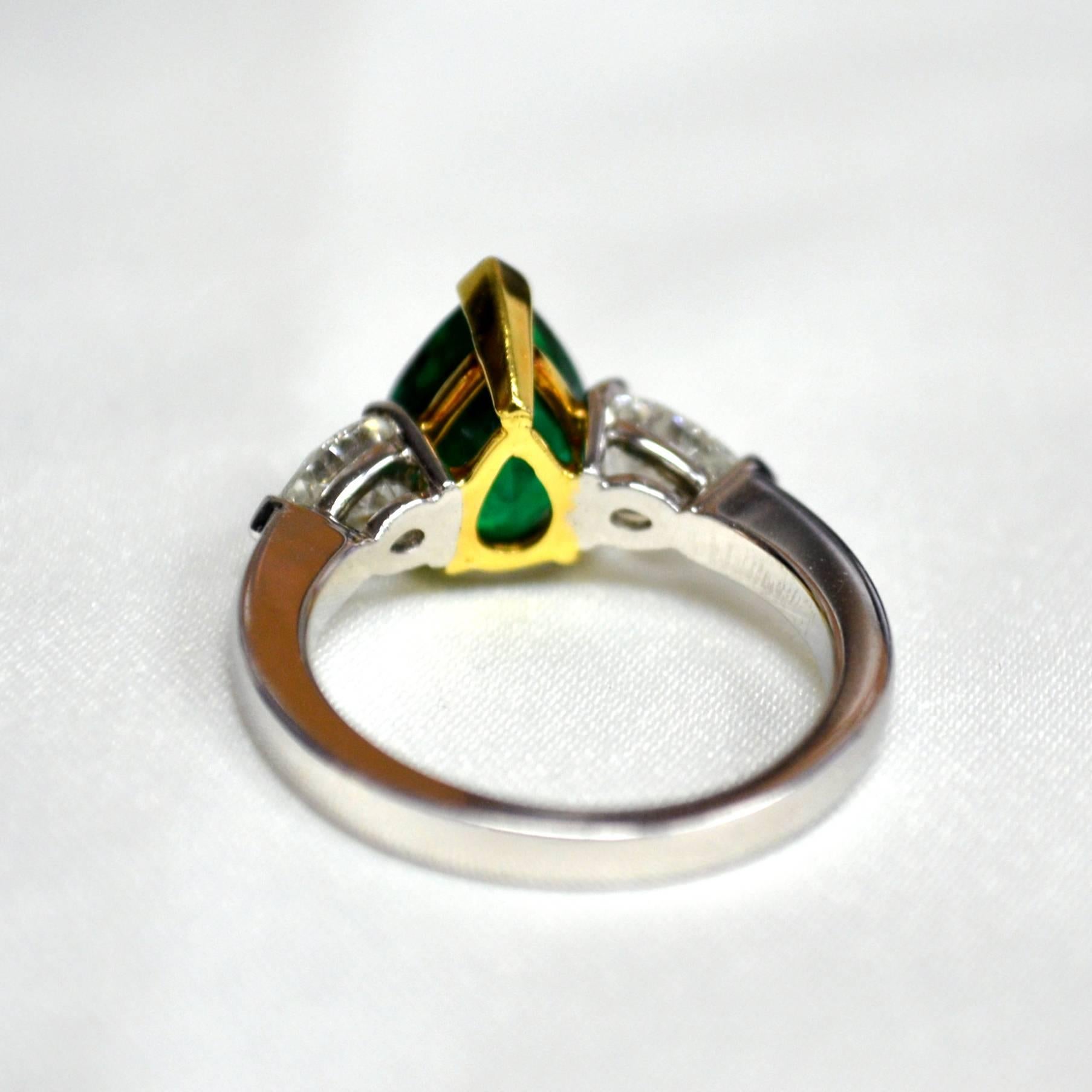 Pear Colombian Emerald Diamond Platinum Three-Stone Ring For Sale 2
