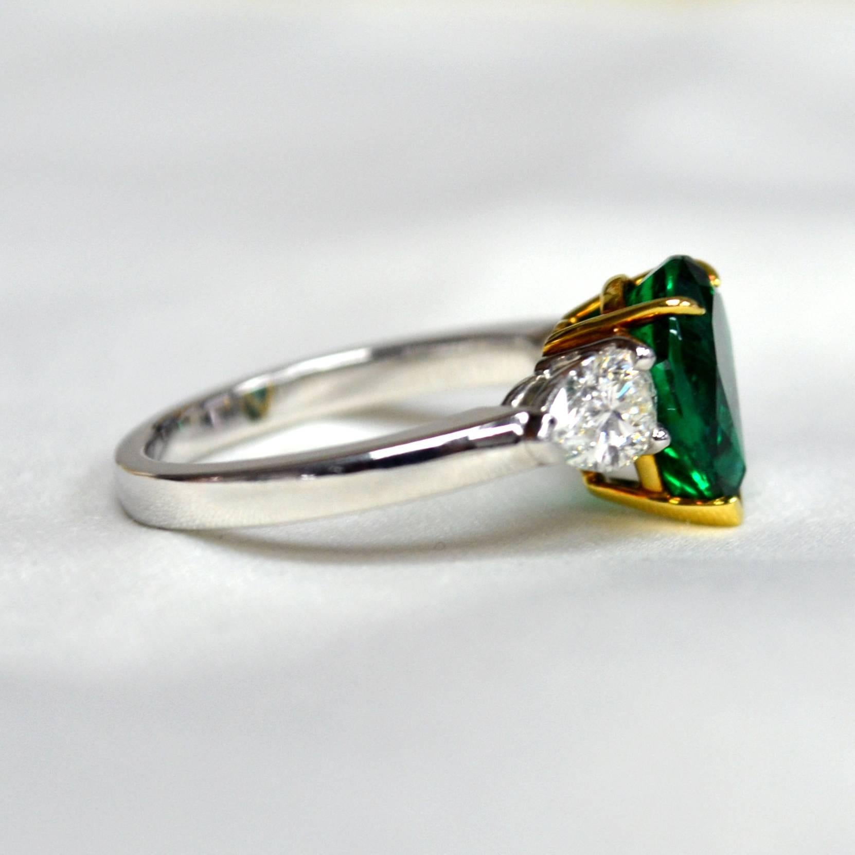 Pear Colombian Emerald Diamond Platinum Three-Stone Ring For Sale 1