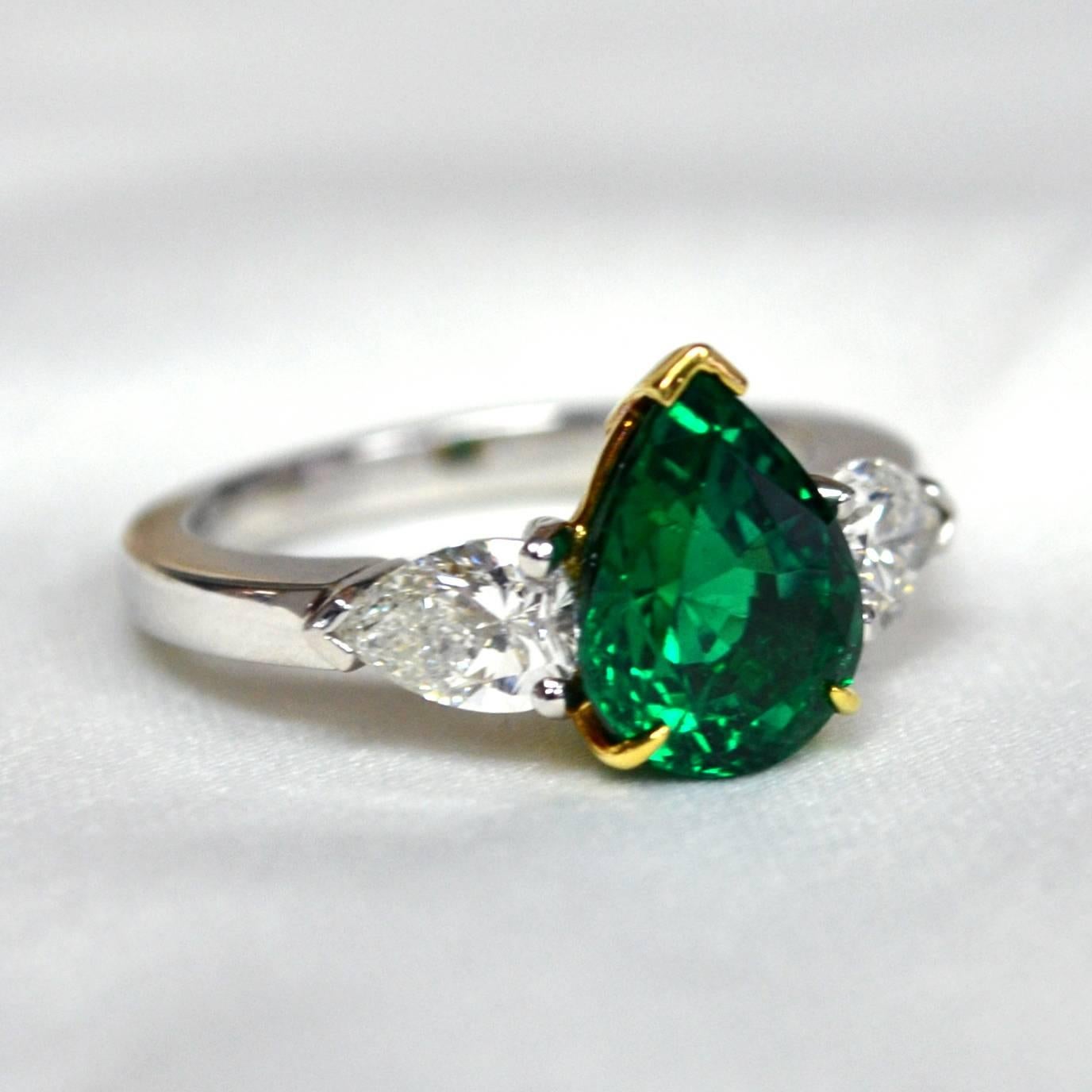 Women's or Men's Pear Colombian Emerald Diamond Platinum Three-Stone Ring For Sale