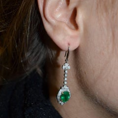 Emerald Diamond Art Deco 18 Karat Gold French Hook Drop Earrings