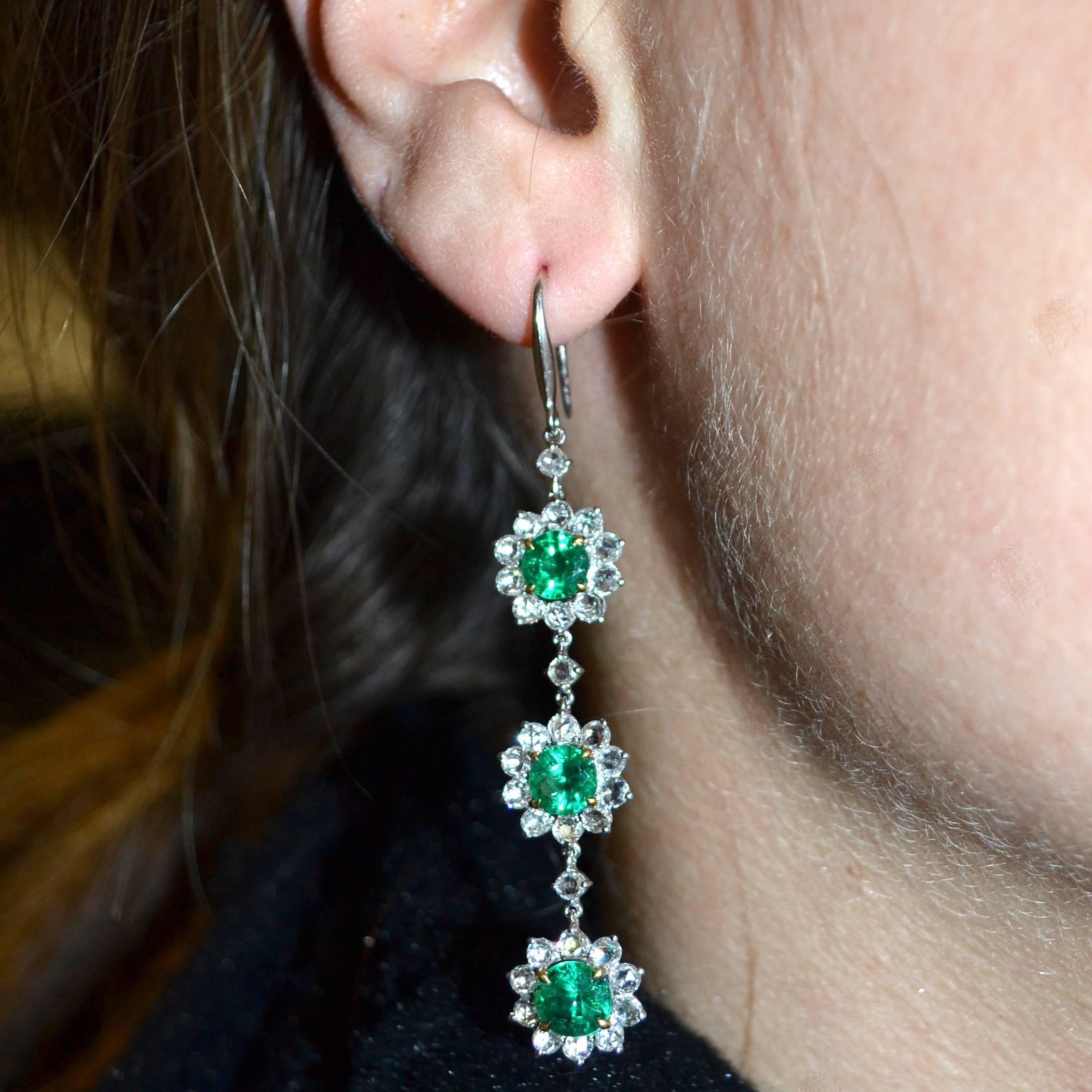 Round Cut Emerald Diamond 18 Karat Gold Chandelier Earrings For Sale