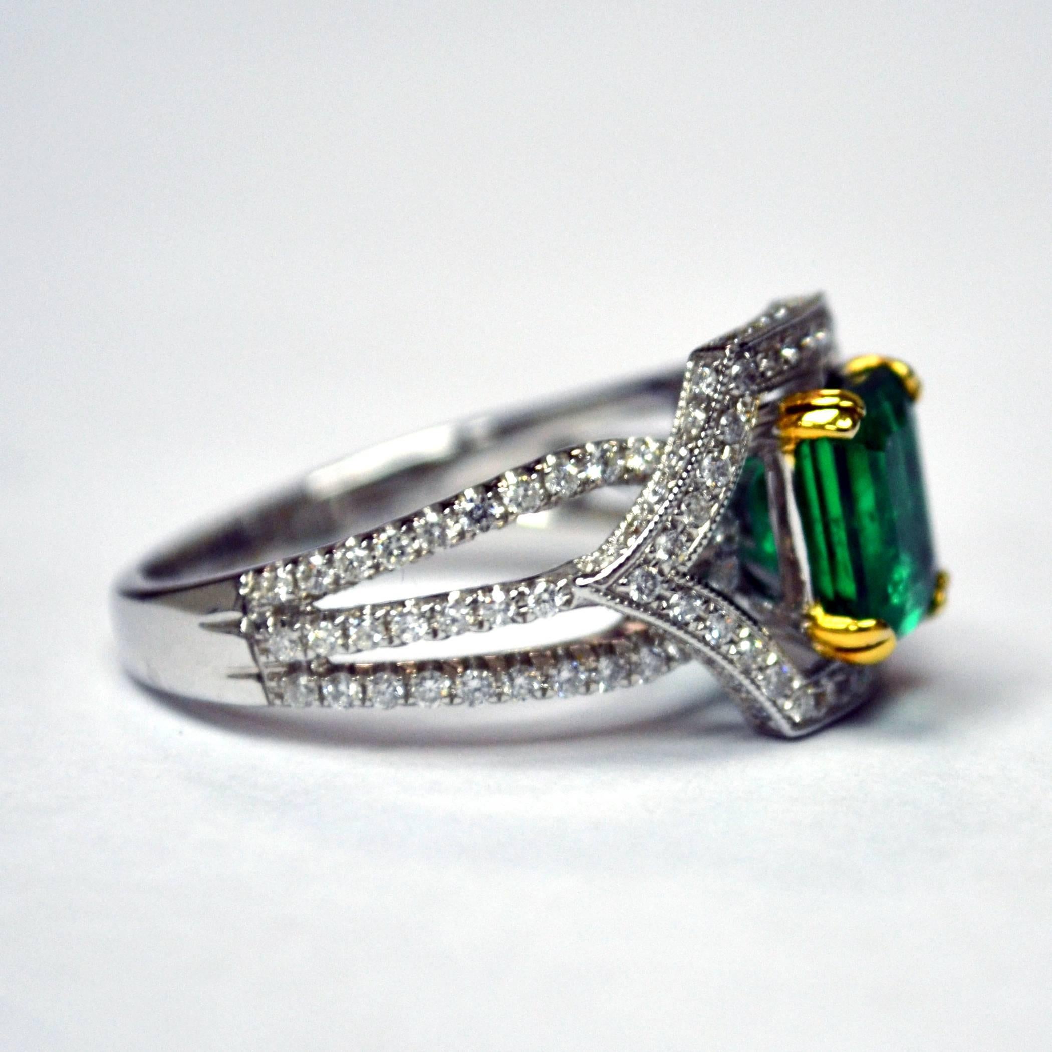 Art Deco Emerald Diamond 18 Karat Gold Solitaire Ring For Sale