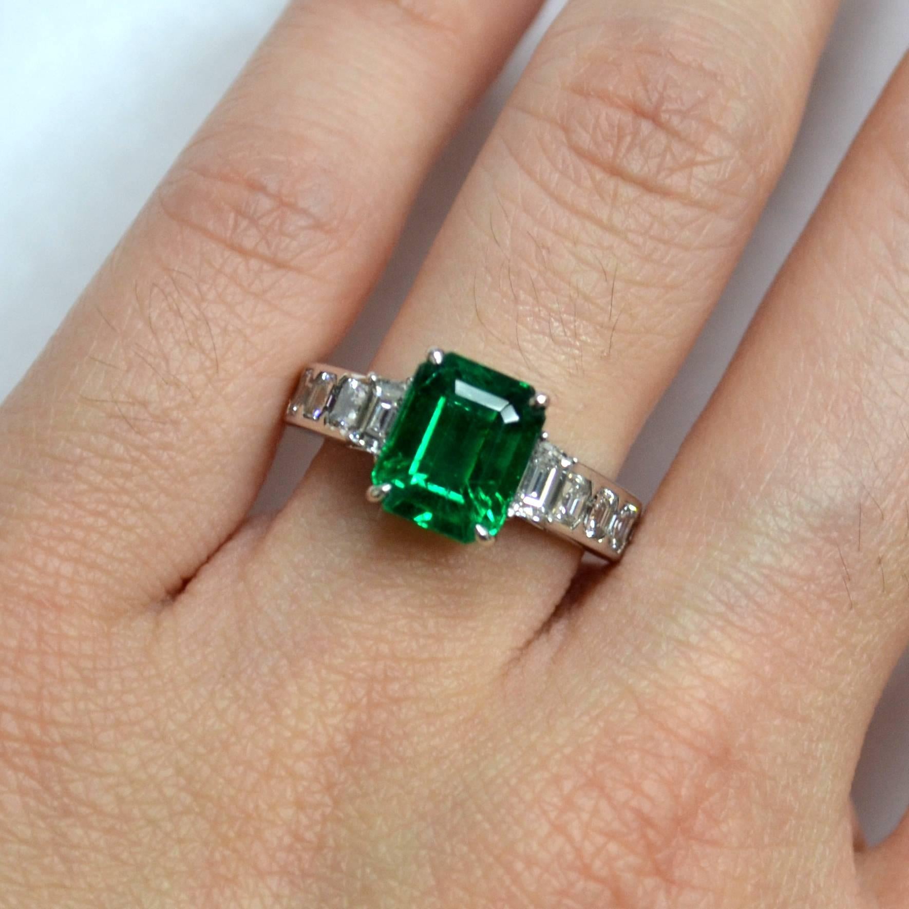 Emerald Cut Zambian Emerald Diamond 18 Karat Gold Engagement Ring For Sale 2
