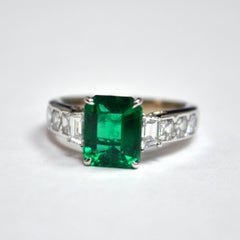 Emerald Cut Zambian Emerald Diamond 18 Karat Gold Engagement Ring