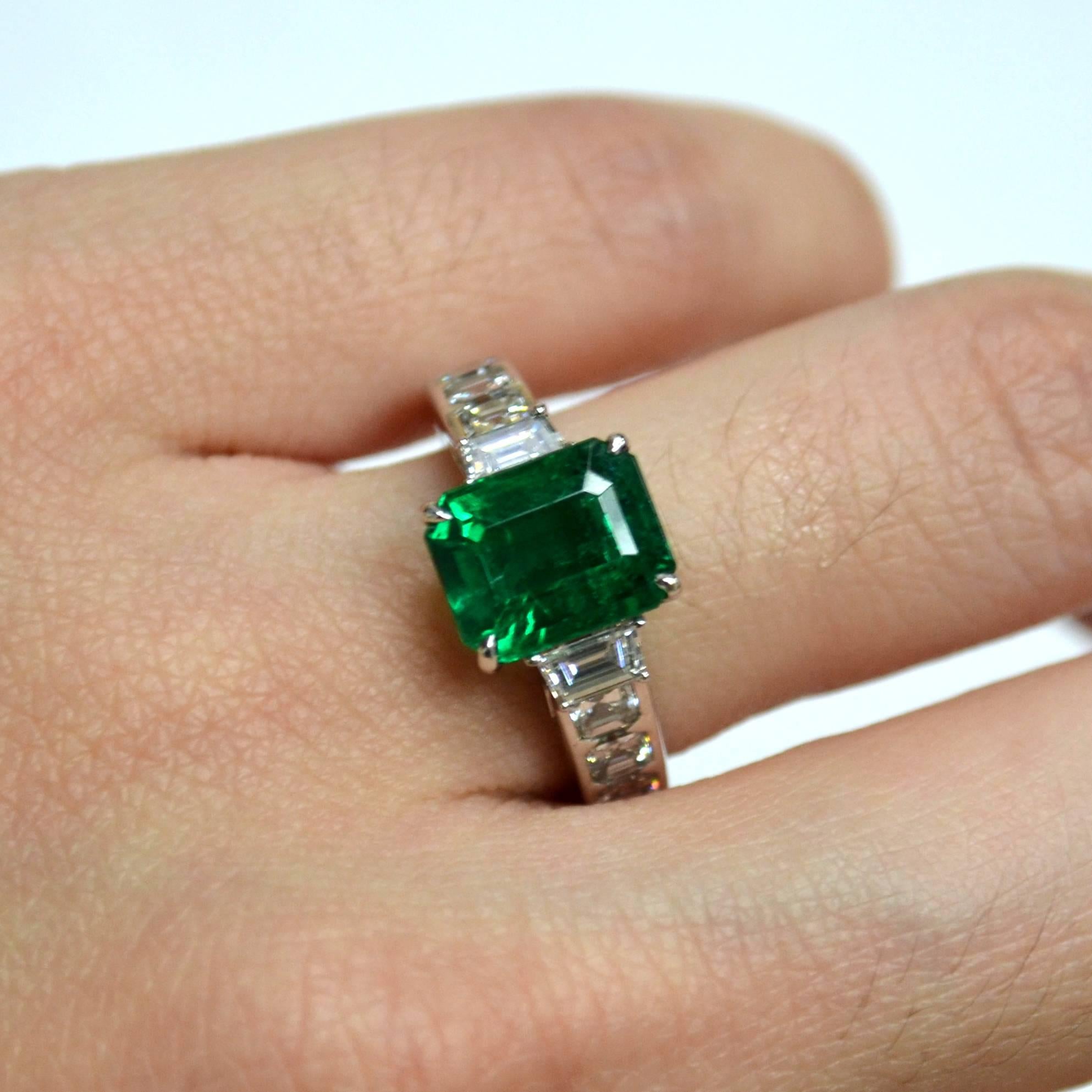 Emerald Cut Zambian Emerald Diamond 18 Karat Gold Engagement Ring For Sale 3
