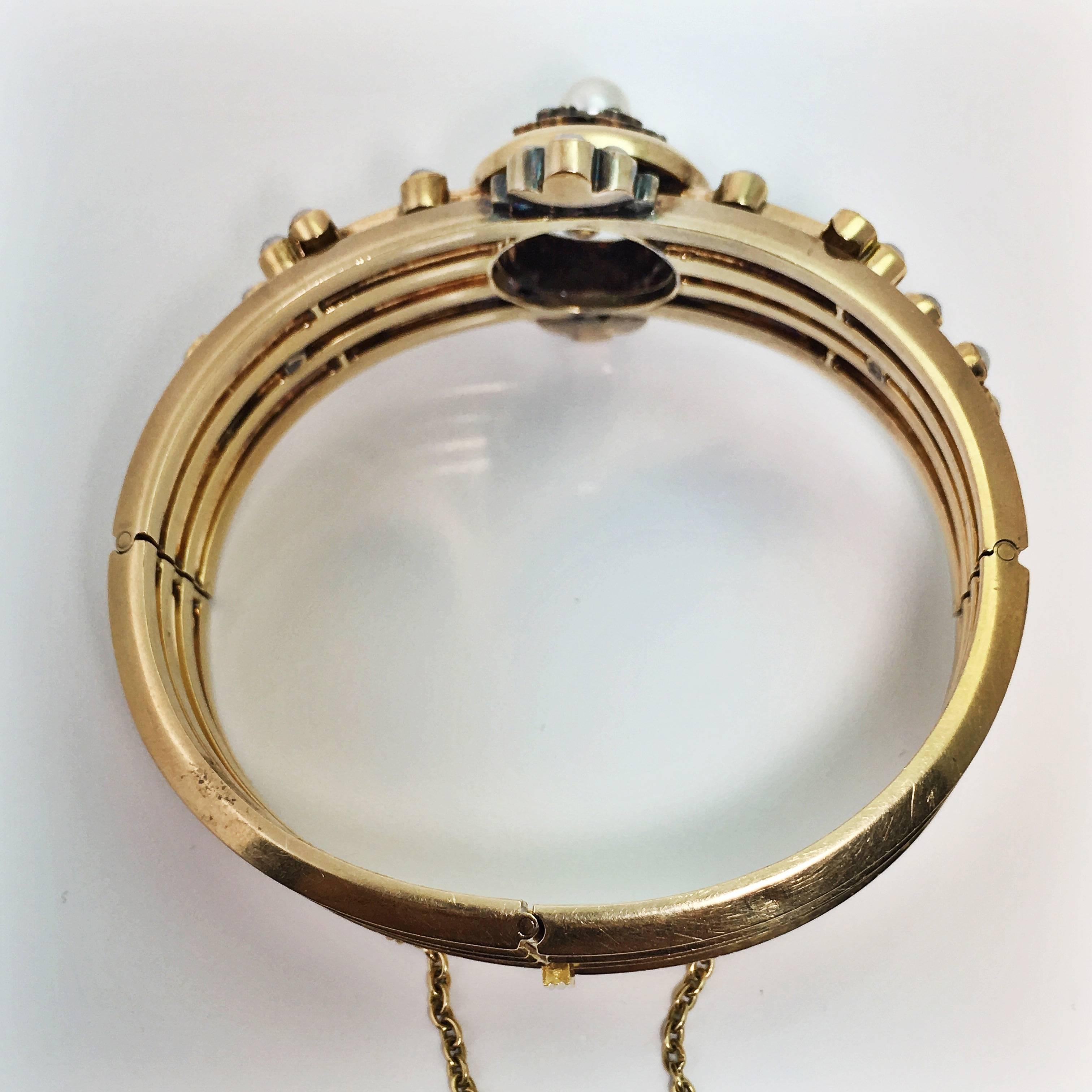 Rose Cut Antique French Pearl and Diamond Yellow Gold Hinged Bangle, circa 1880 For Sale