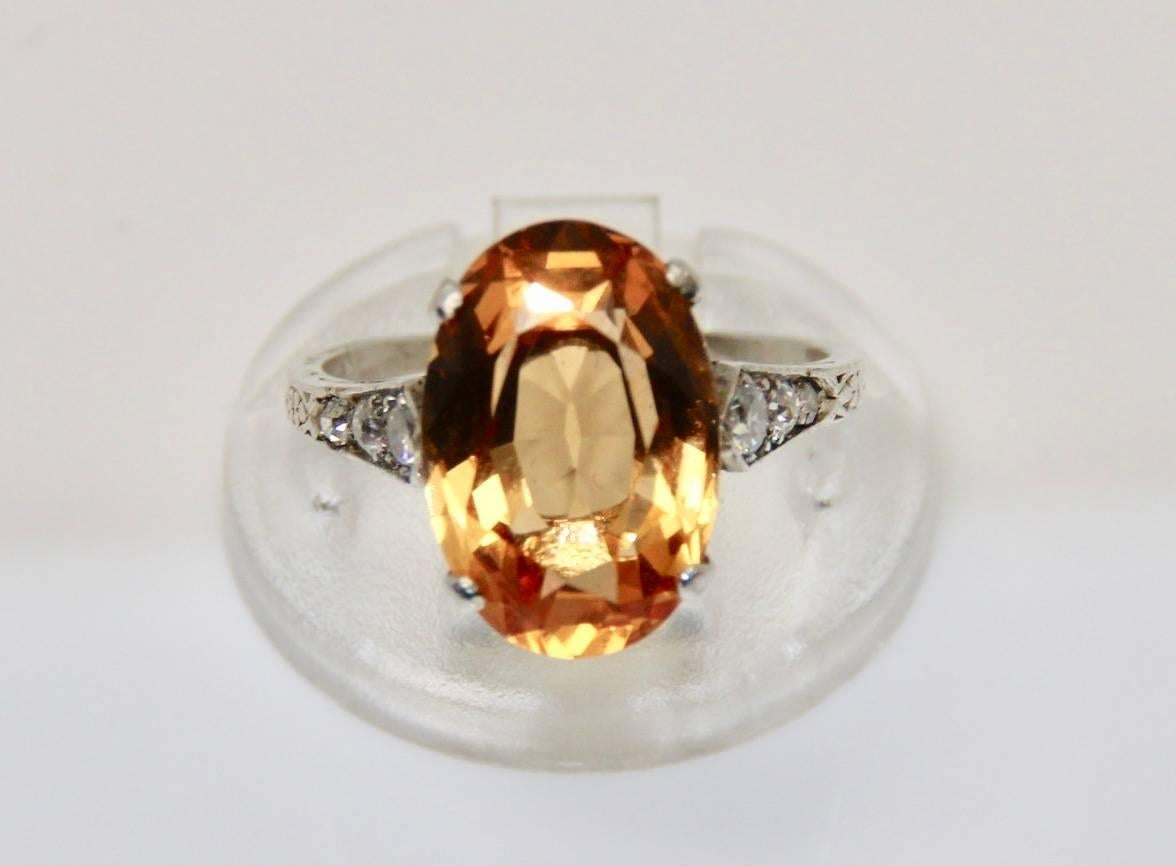 Oval Cut 1940s 8 Carat Brazilian ‘Imperial’ Topaz and Diamond Ring