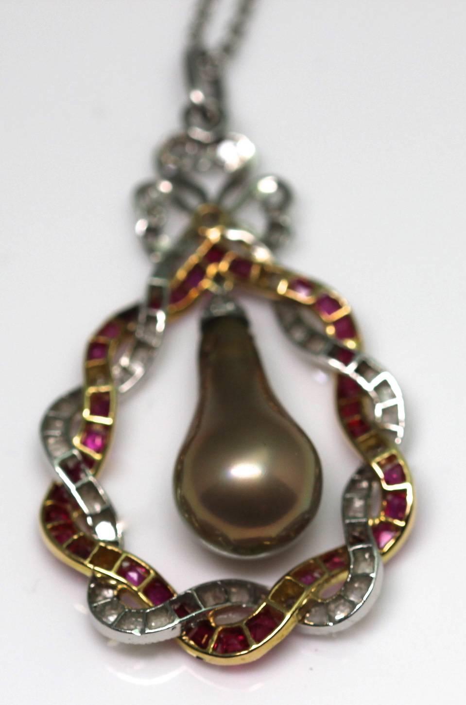Edwardian Bronze Natural Pearl Drop Rubies Diamonds Pendant 1