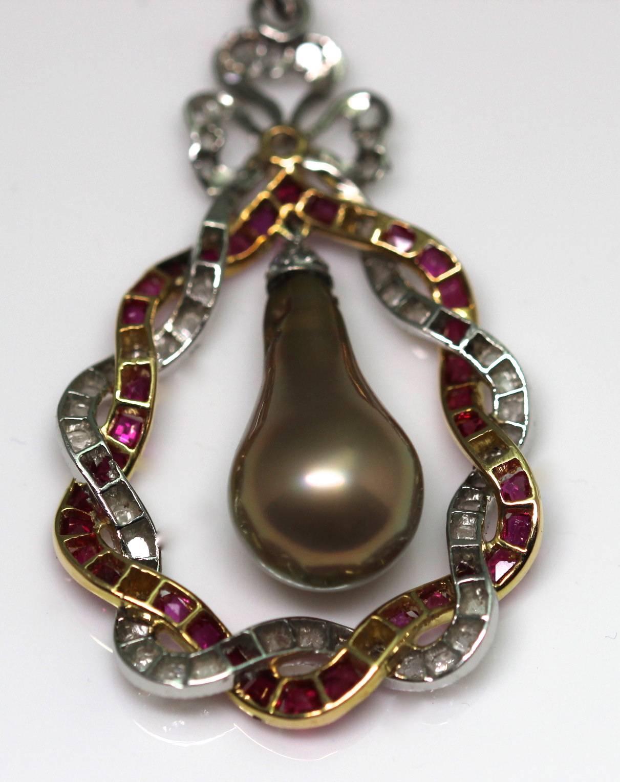 Women's Edwardian Bronze Natural Pearl Drop Rubies Diamonds Pendant