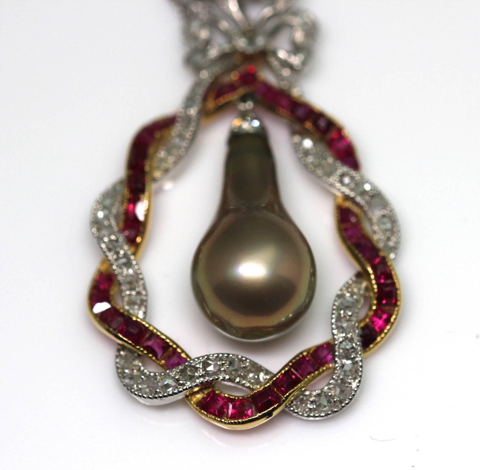 Edwardian Bronze Natural Pearl Drop Rubies Diamonds Pendant 2