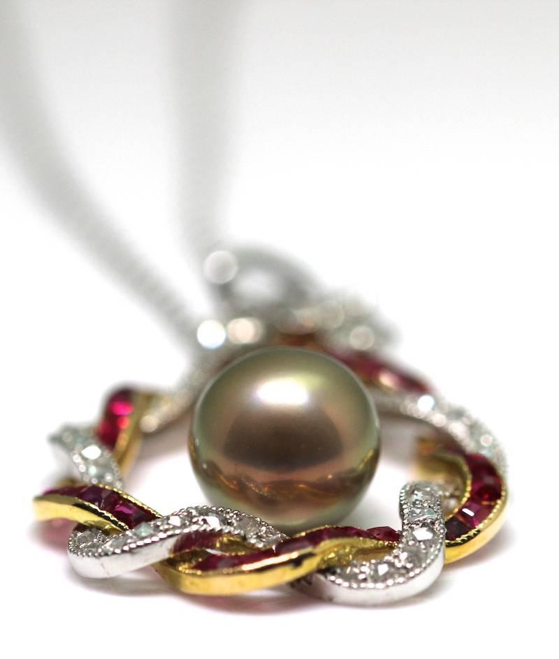 Edwardian Bronze Natural Pearl Drop Rubies Diamonds Pendant 8