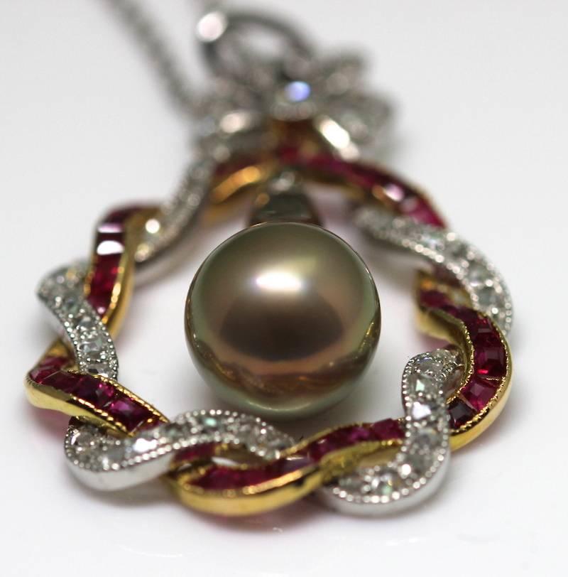 Edwardian Bronze Natural Pearl Drop Rubies Diamonds Pendant 7