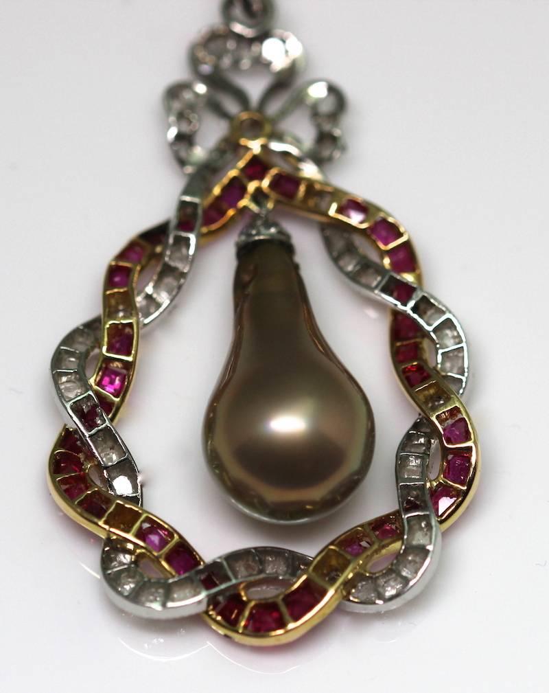 Edwardian Bronze Natural Pearl Drop Rubies Diamonds Pendant 3