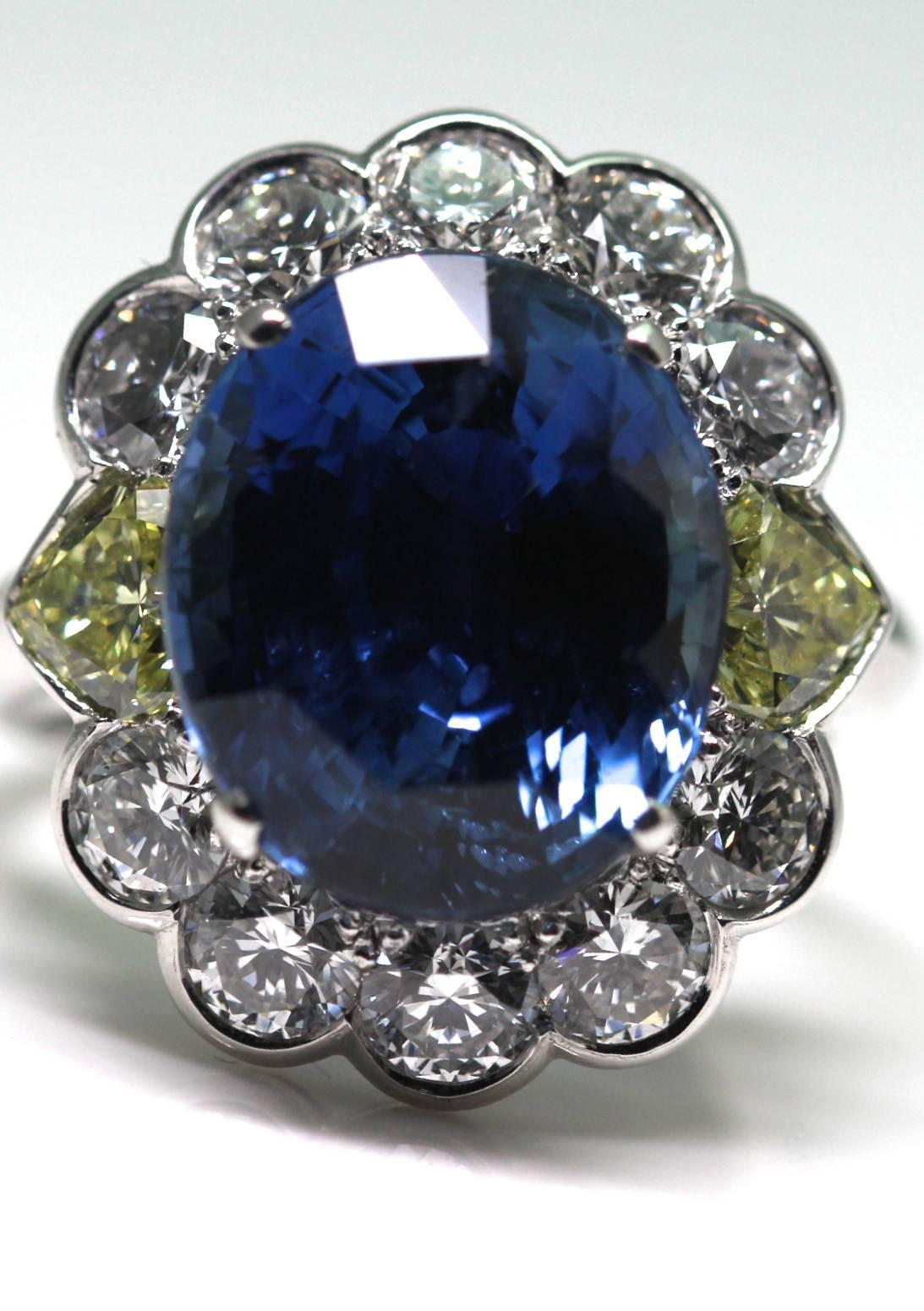 Oval Cut GRS Certified Natural Oval 9.99 Carat Sapphire with Yellow Heart Shape Diamonds