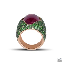 Rubellite Cabochon with Tsavorite Pave Ring in Rose Gold